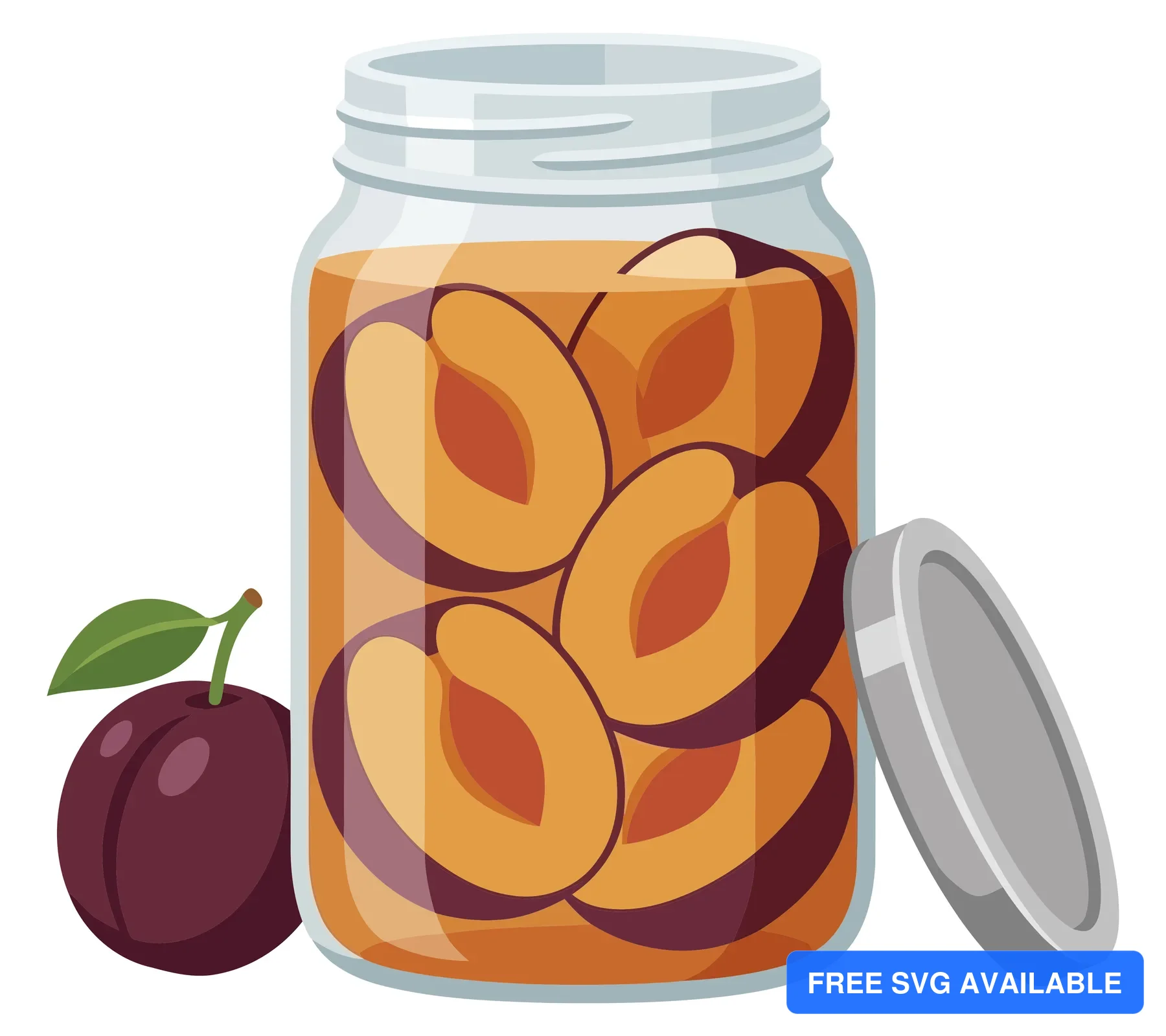 glass jar of homemade plum compote or jam with halved plums and fresh fruit isolated on white background