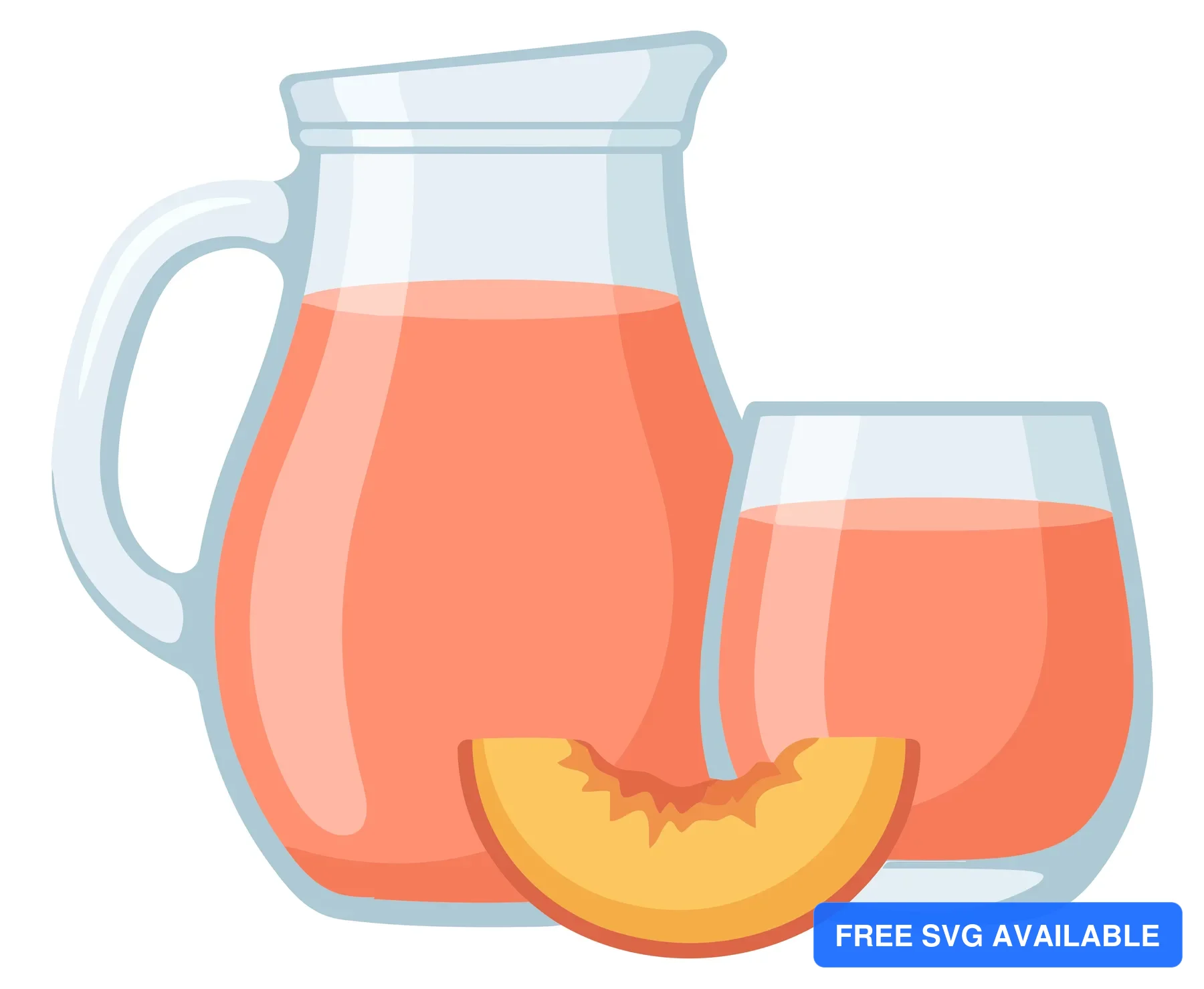 glass pitcher and glass of peach juice with peach slice isolated on white background