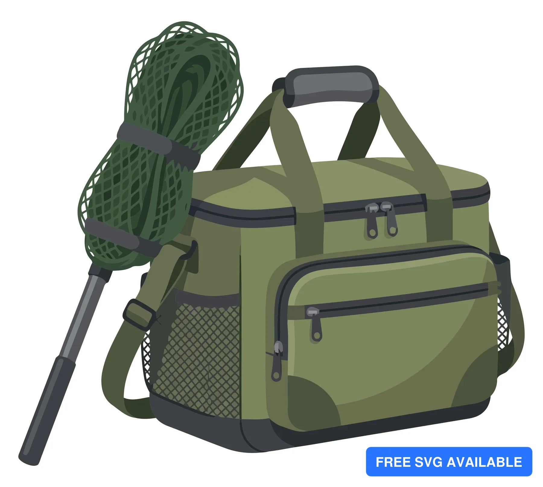 green fishing bag and landing net isolated on white background