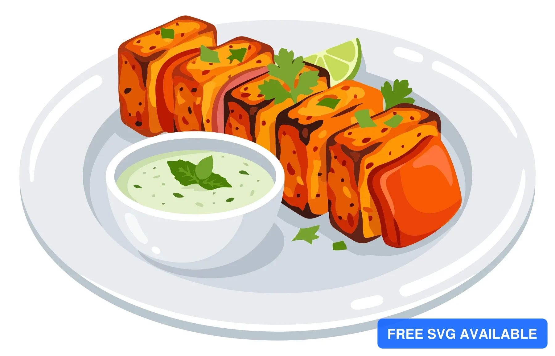 grilled paneer tikka skewer on a white plate with green chutney and lime