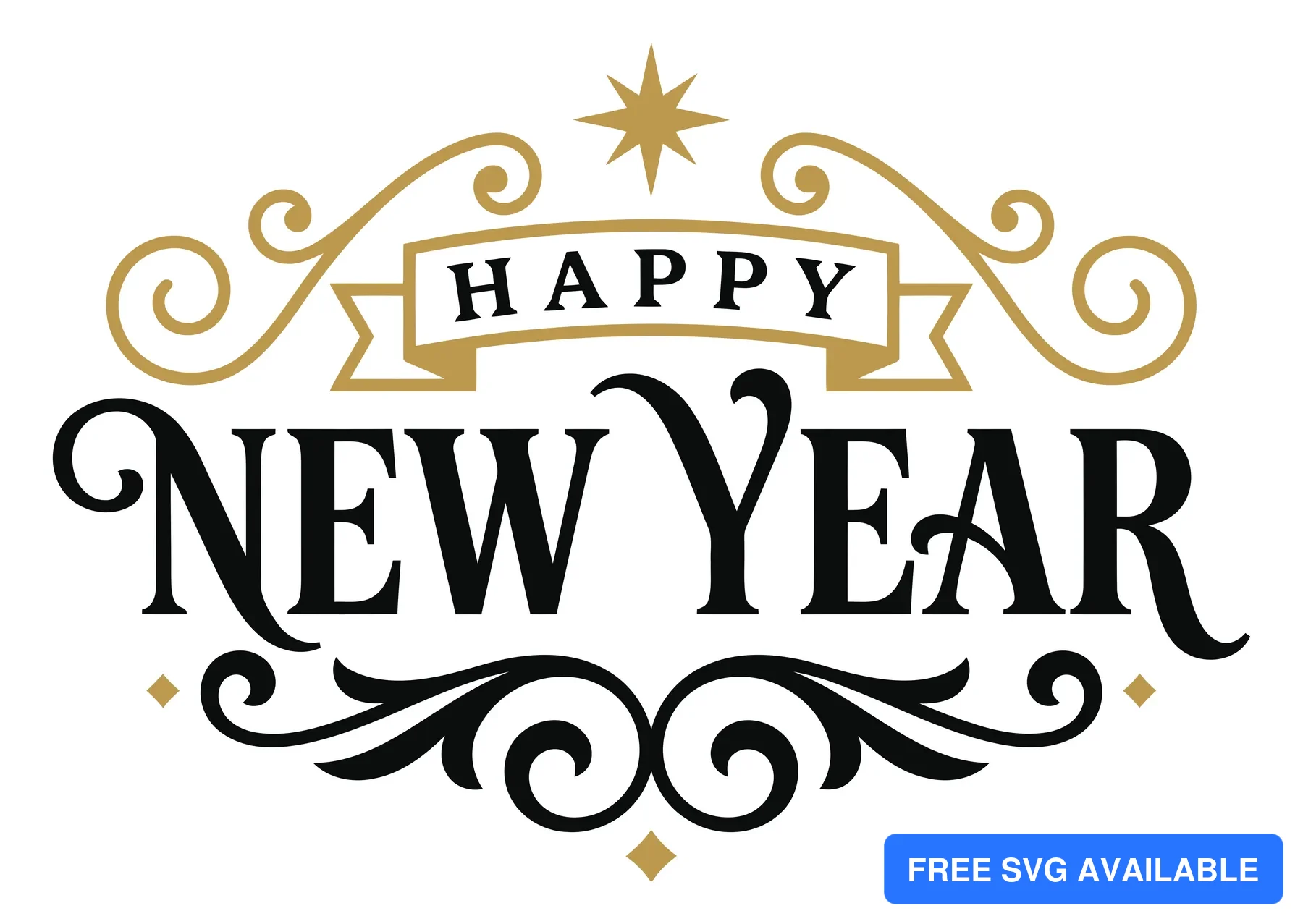 happy new year vintage typography, elegant decorative design with flourishes and ribbon, holiday greeting