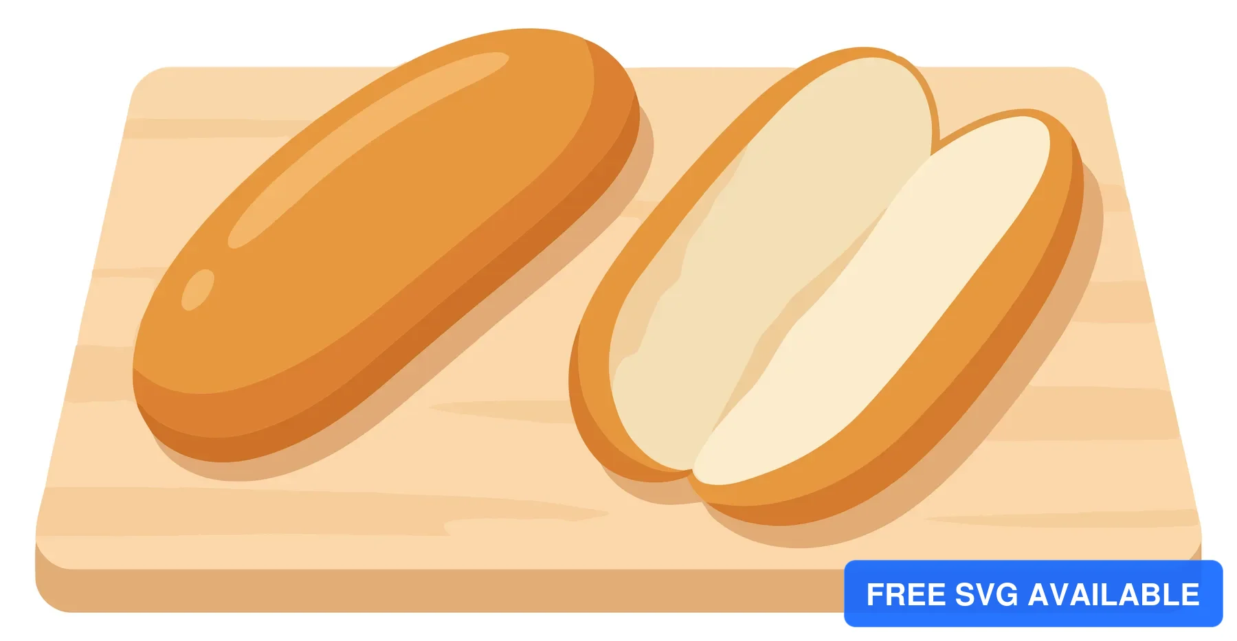 hot dog buns on a wooden cutting board, one whole and one split, ready for a hot dog, isolated on white background