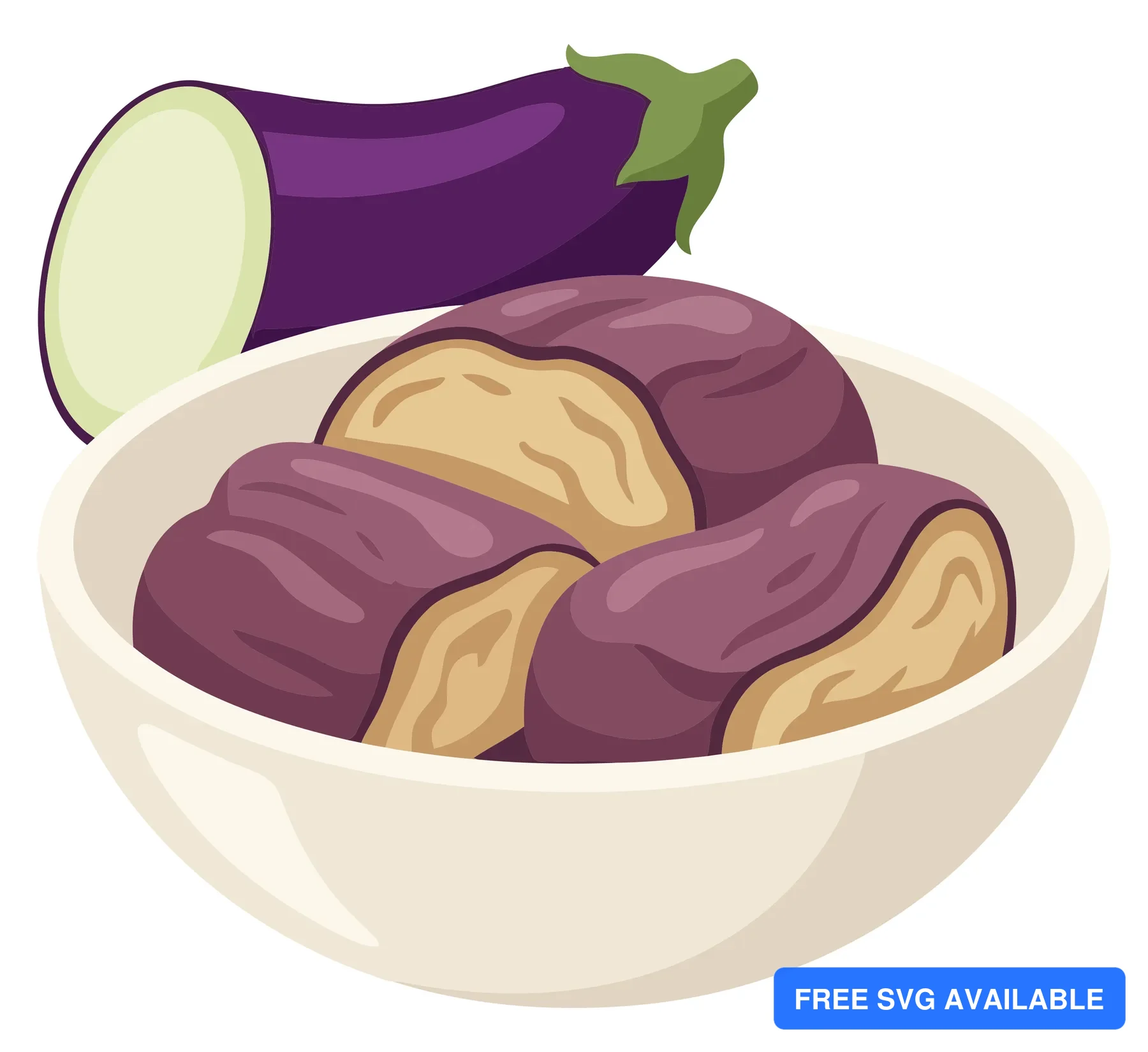 illustration of a bowl filled with sliced eggplant pieces and a whole eggplant half isolated on white background