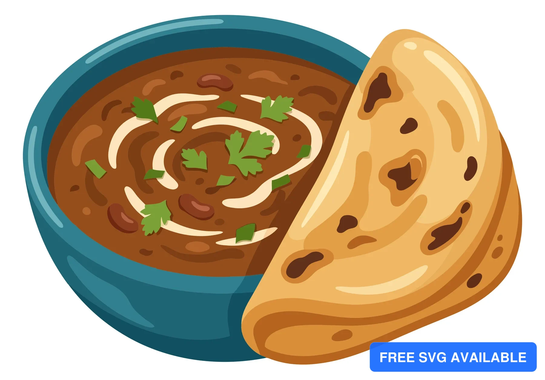 illustration of a bowl of savory bean soup garnished with cream and fresh herbs, served with flatbread isolated on white background