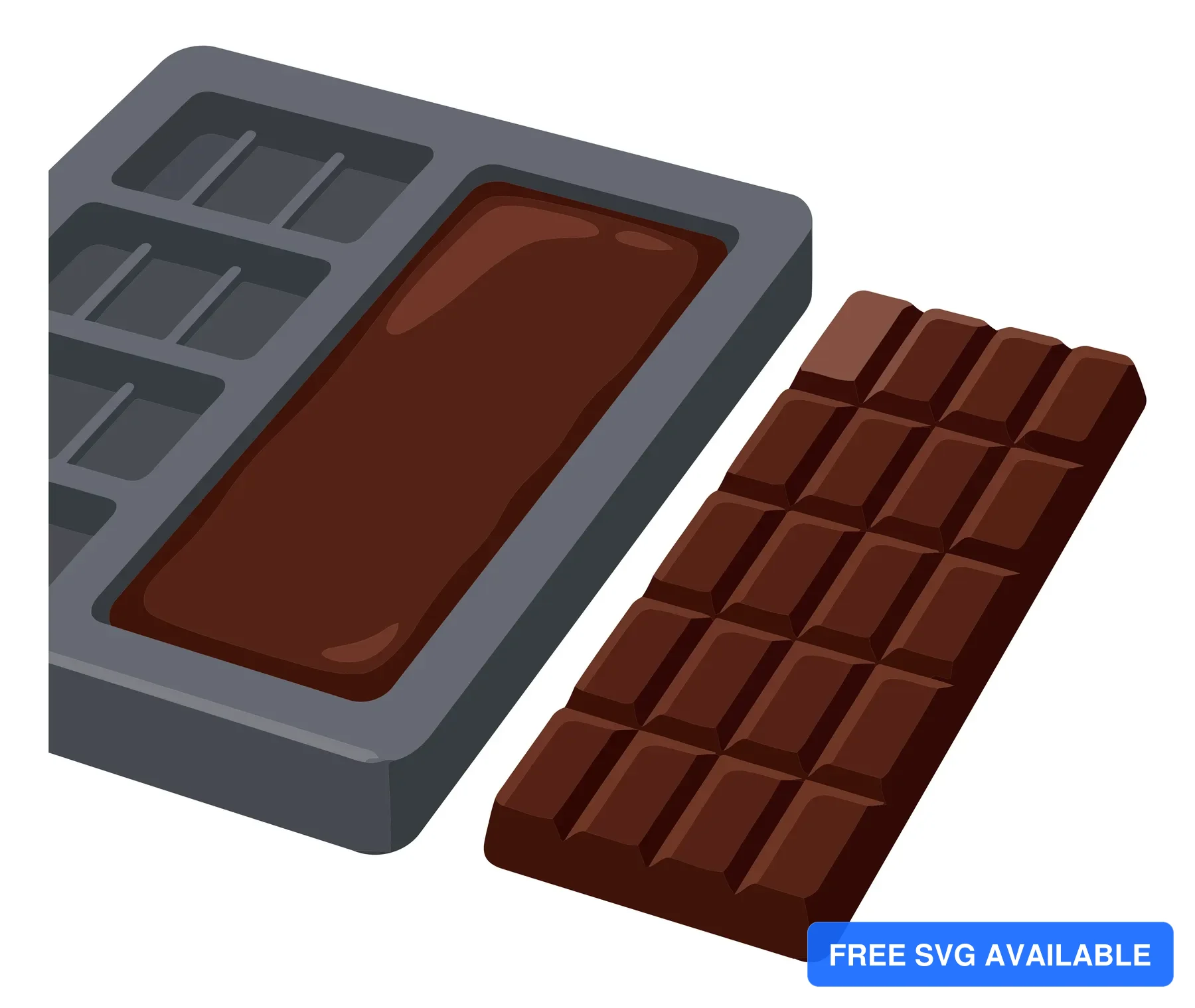 illustration of a chocolate bar next to a mold, showing the process of making homemade chocolate sweets, isolated on white background