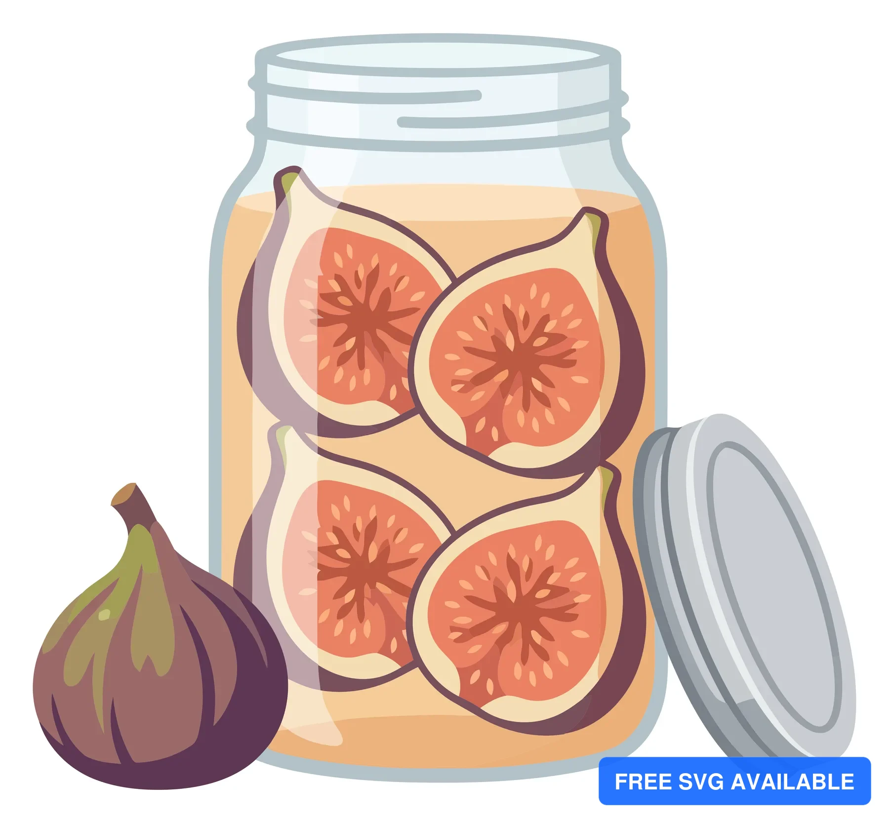 illustration of a glass jar filled with preserved sliced figs and a whole fresh fig next to it, vector graphic design element