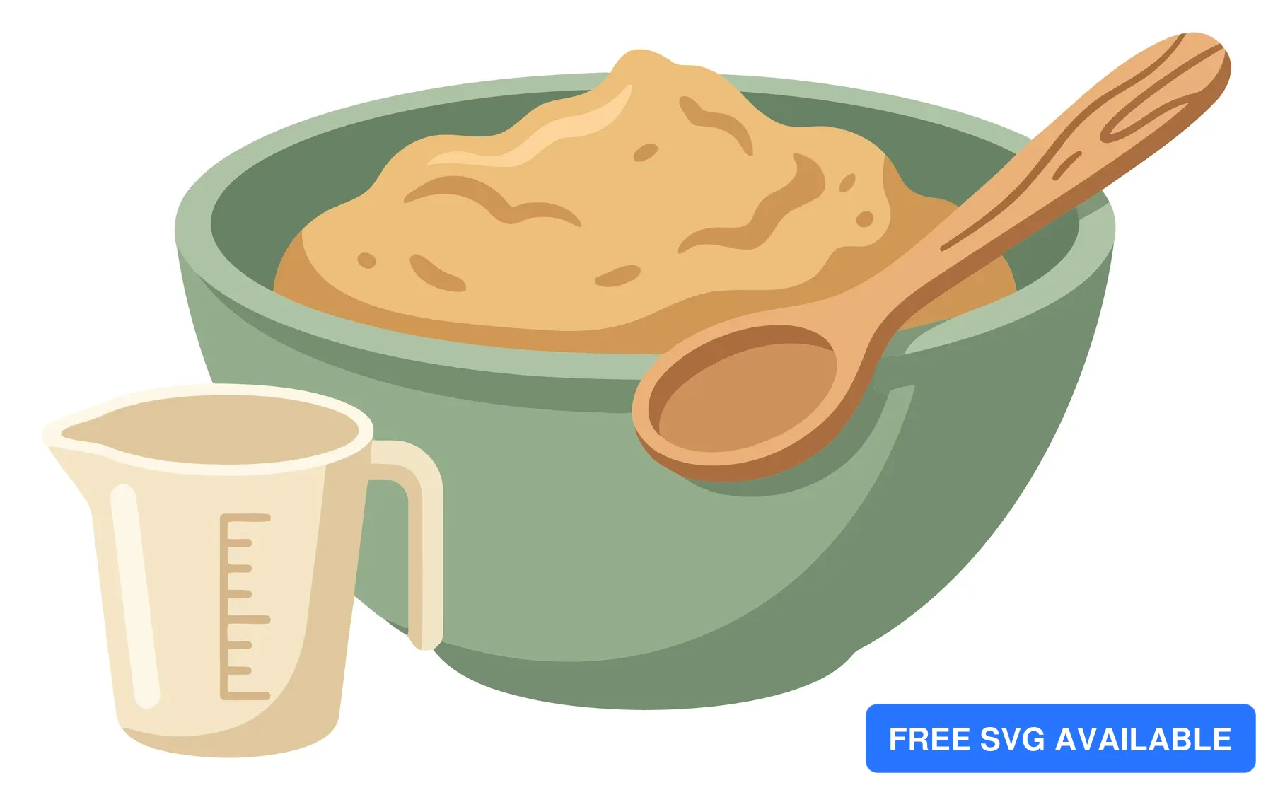 illustration of a green mixing bowl filled with dough, a wooden spoon resting inside, and a measuring cup, isolated on white background