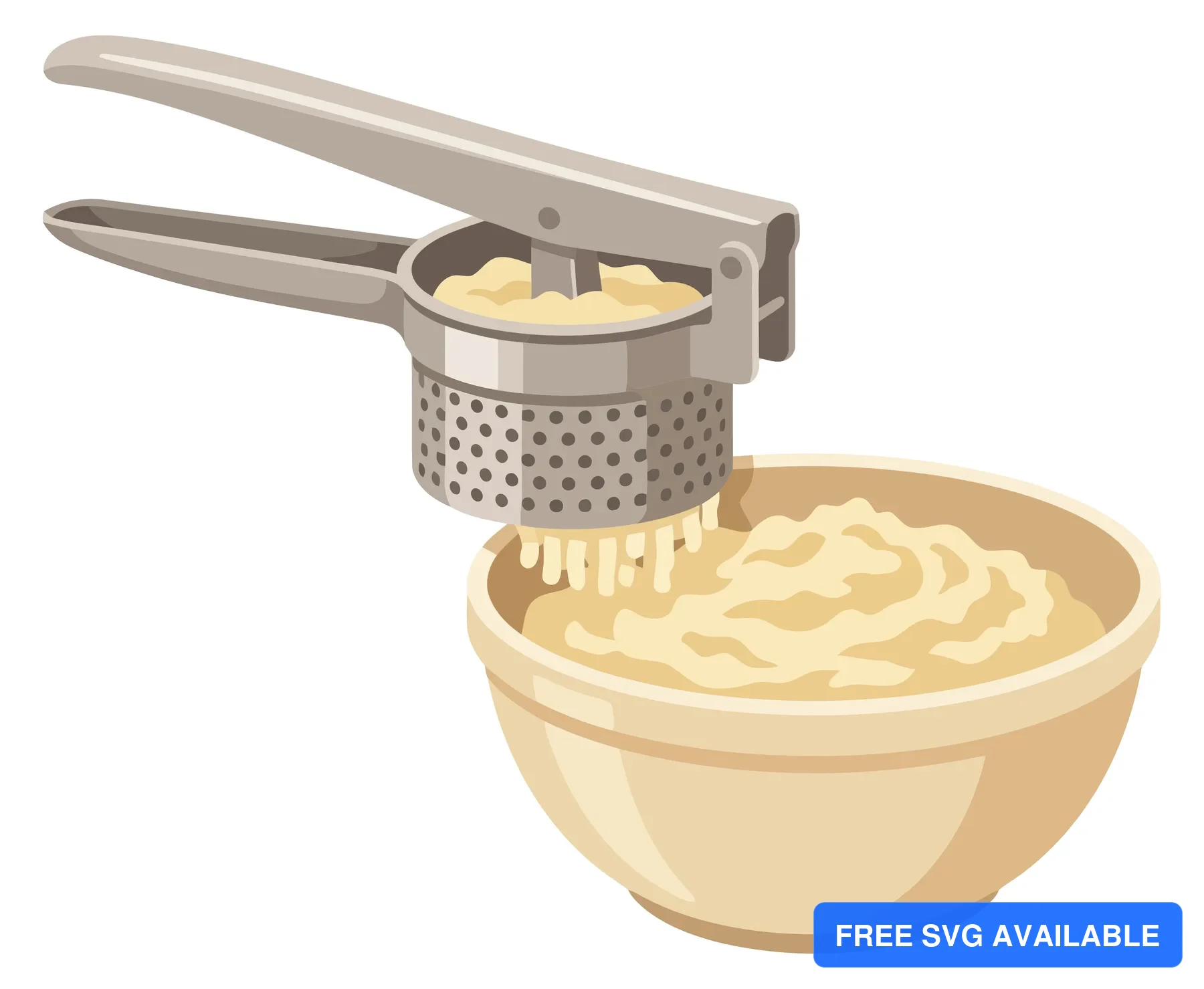 illustration of a metal potato ricer pressing cooked potatoes into a ceramic mixing bowl, kitchen tool for preparing mashed potatoes and veg