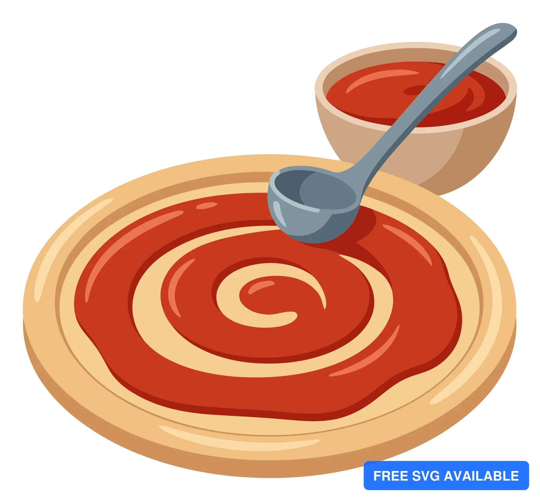 illustration of a pizza dough base being spread with tomato sauce using a ladle from a bowl
