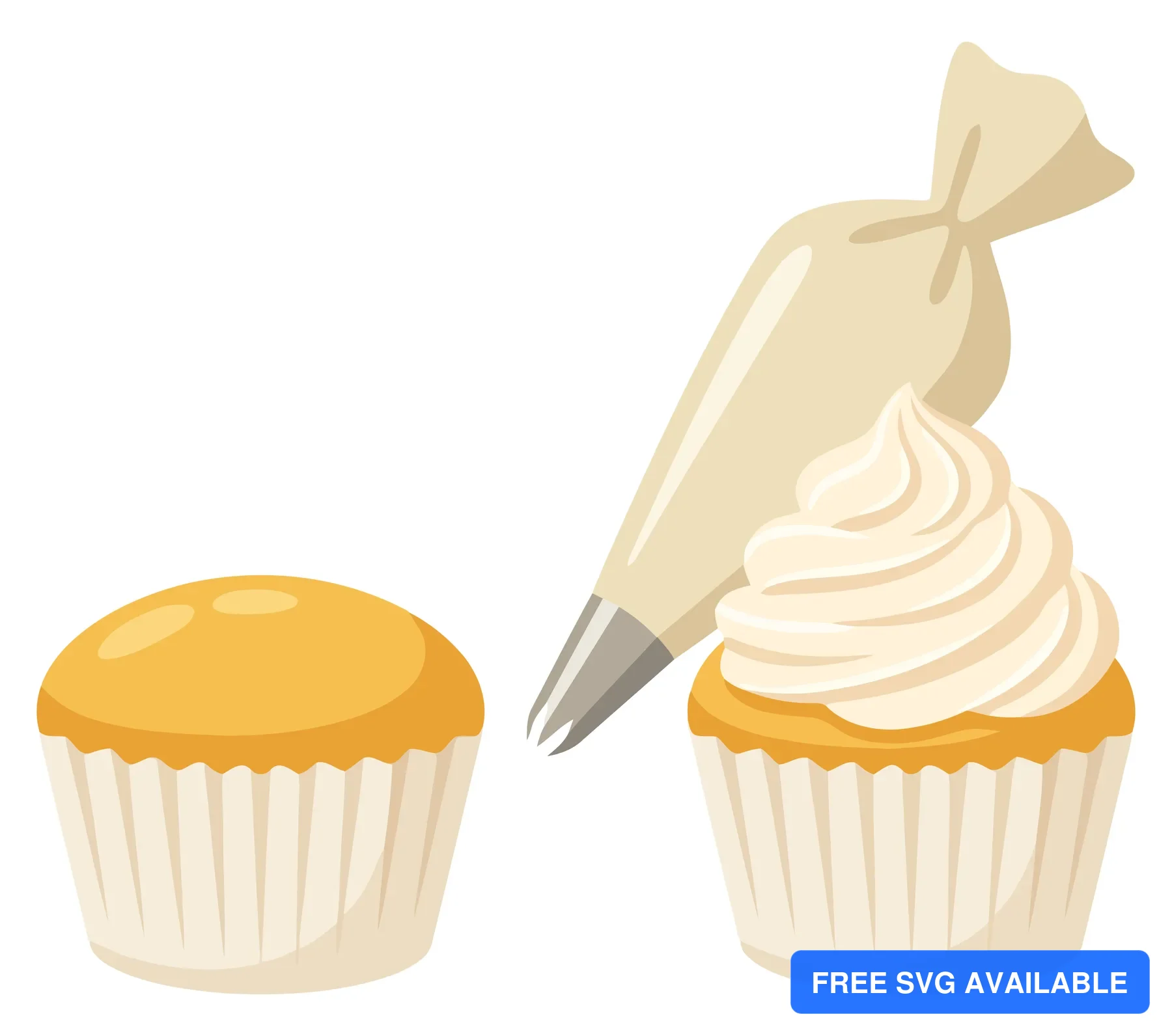 illustration of a plain cupcake and a decorated cupcake with a piping bag, isolated on white background