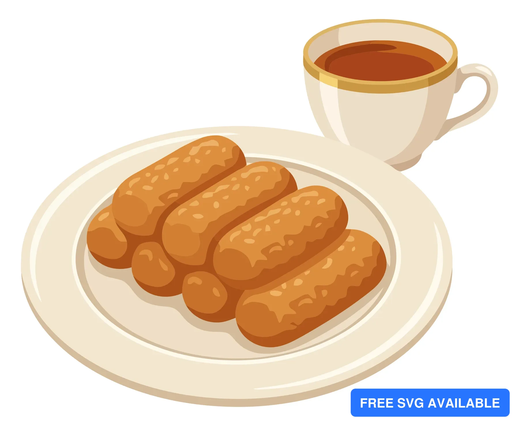illustration of a plate with fried banana turon snacks and a cup of coffee isolated on white background