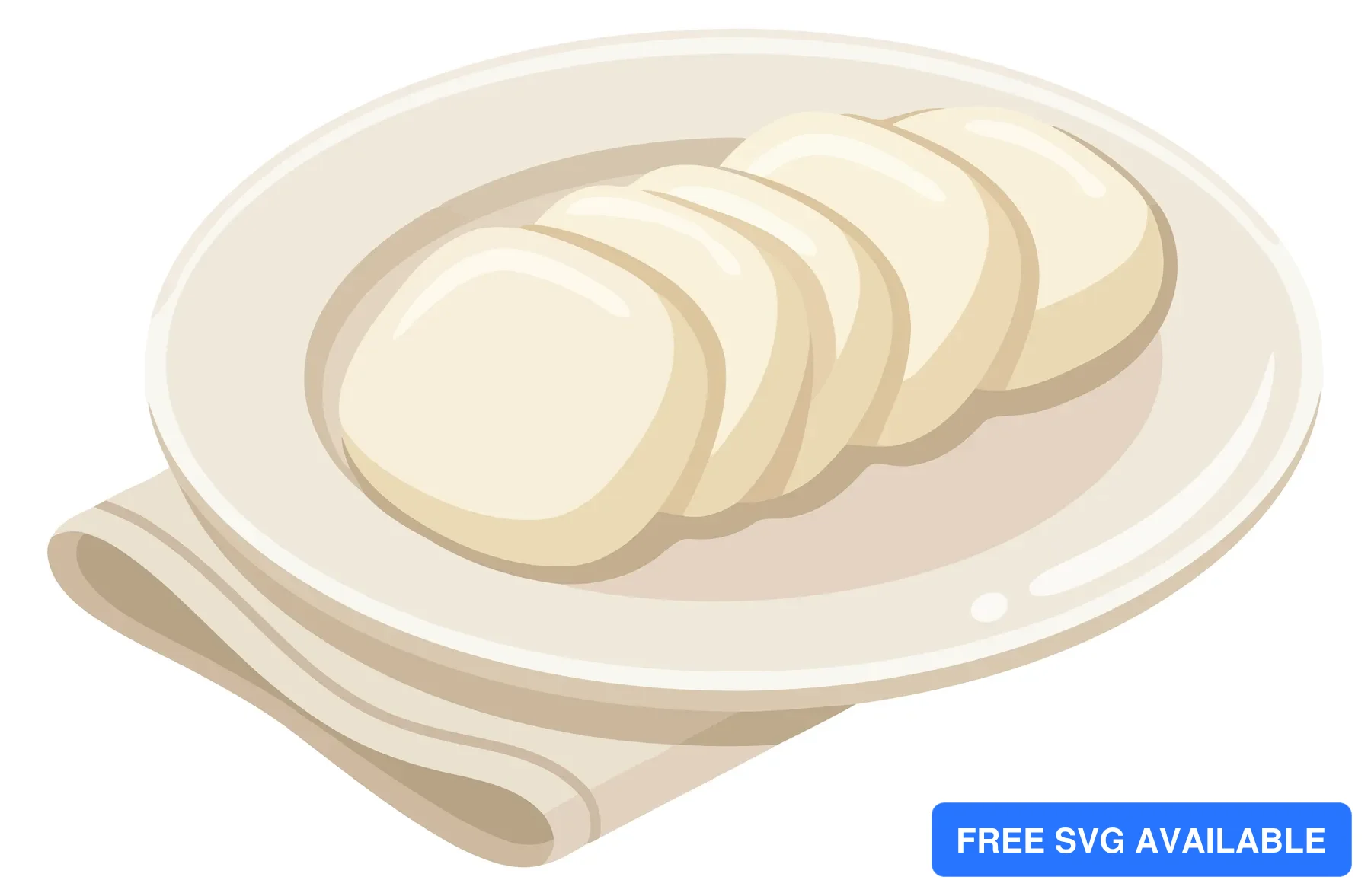 illustration of a plate with sliced mozzarella cheese balls arranged in a row, served on a napkin, isolated on white background