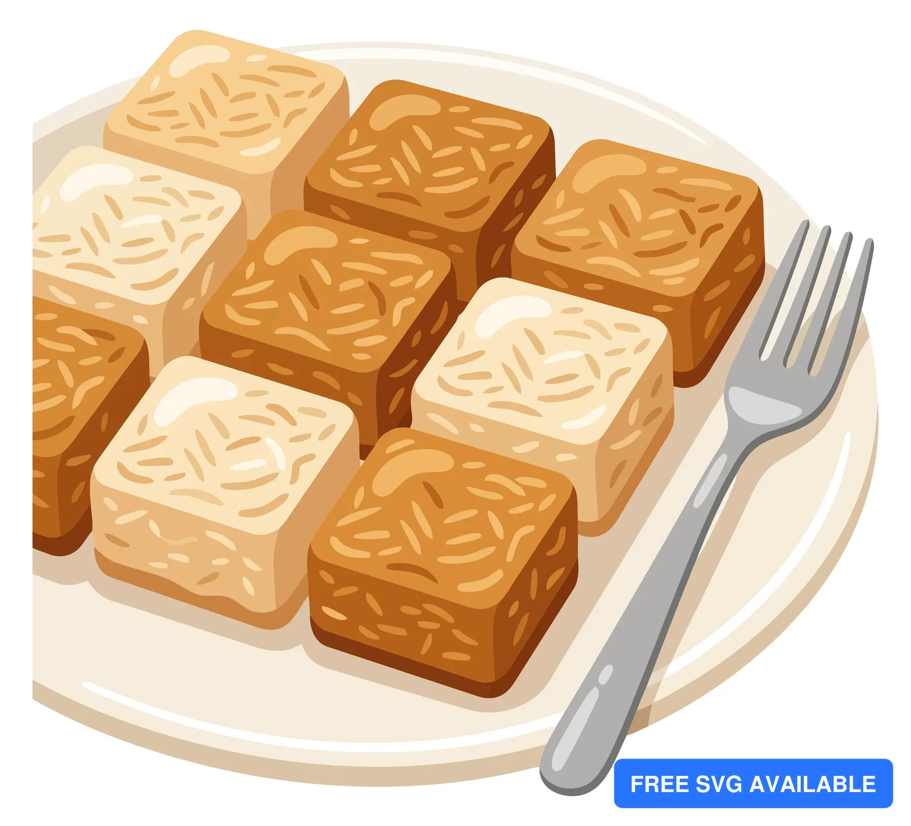 illustration of a plate with square rice cakes or snacks of different colors and a fork, isolated on white background