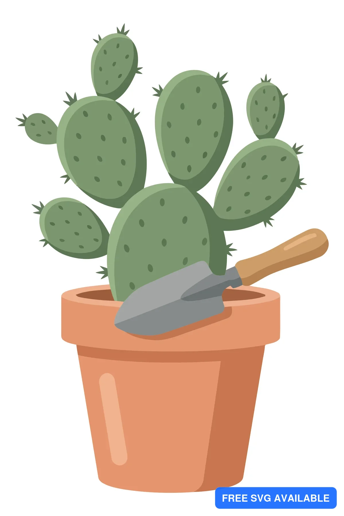 illustration of a prickly pear cactus in a terracotta pot with a small garden trowel resting in the soil, flat vector design