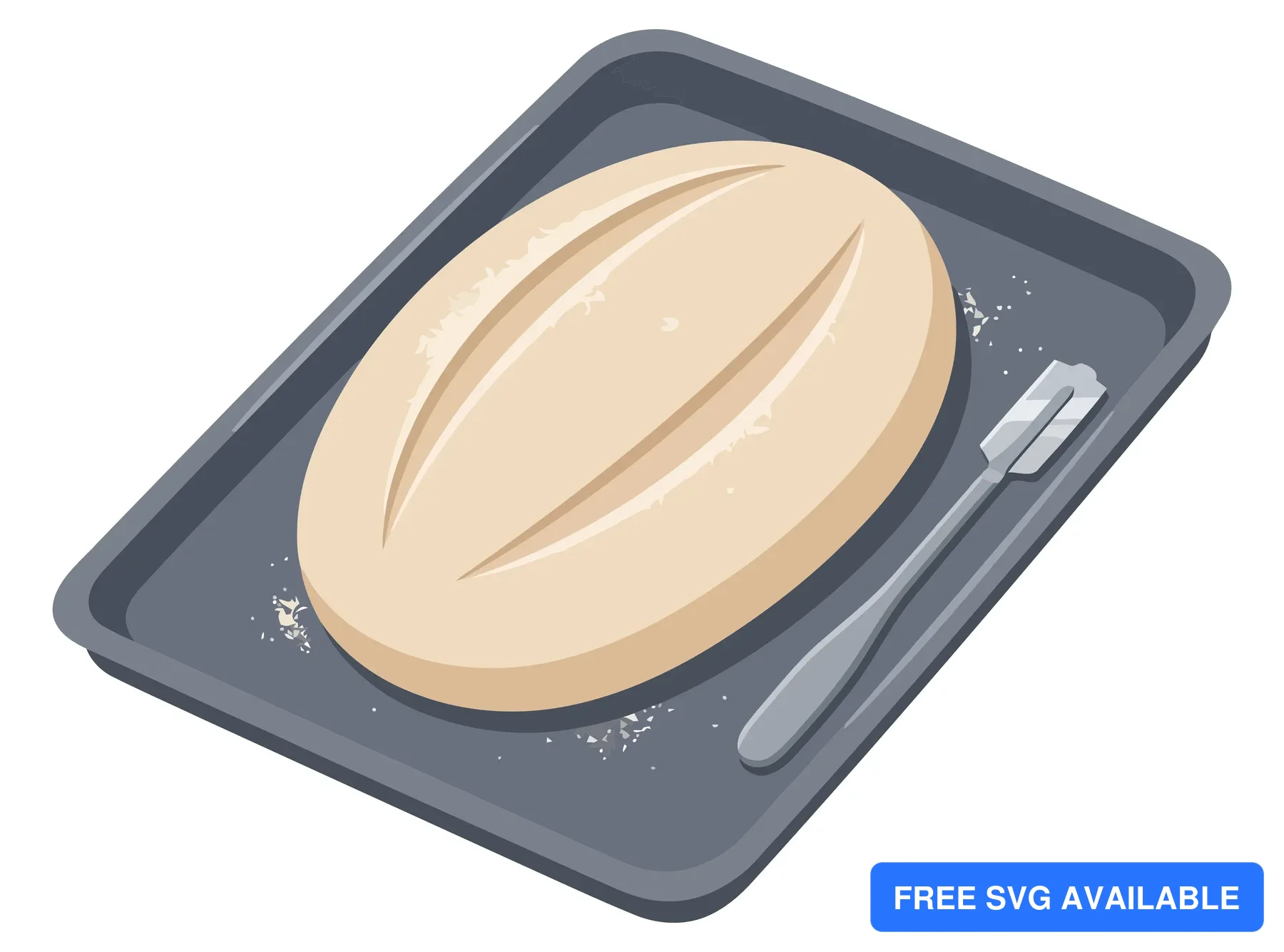 illustration of a raw sourdough bread loaf on a baking tray with a bread lame scoring tool, vector flat design style