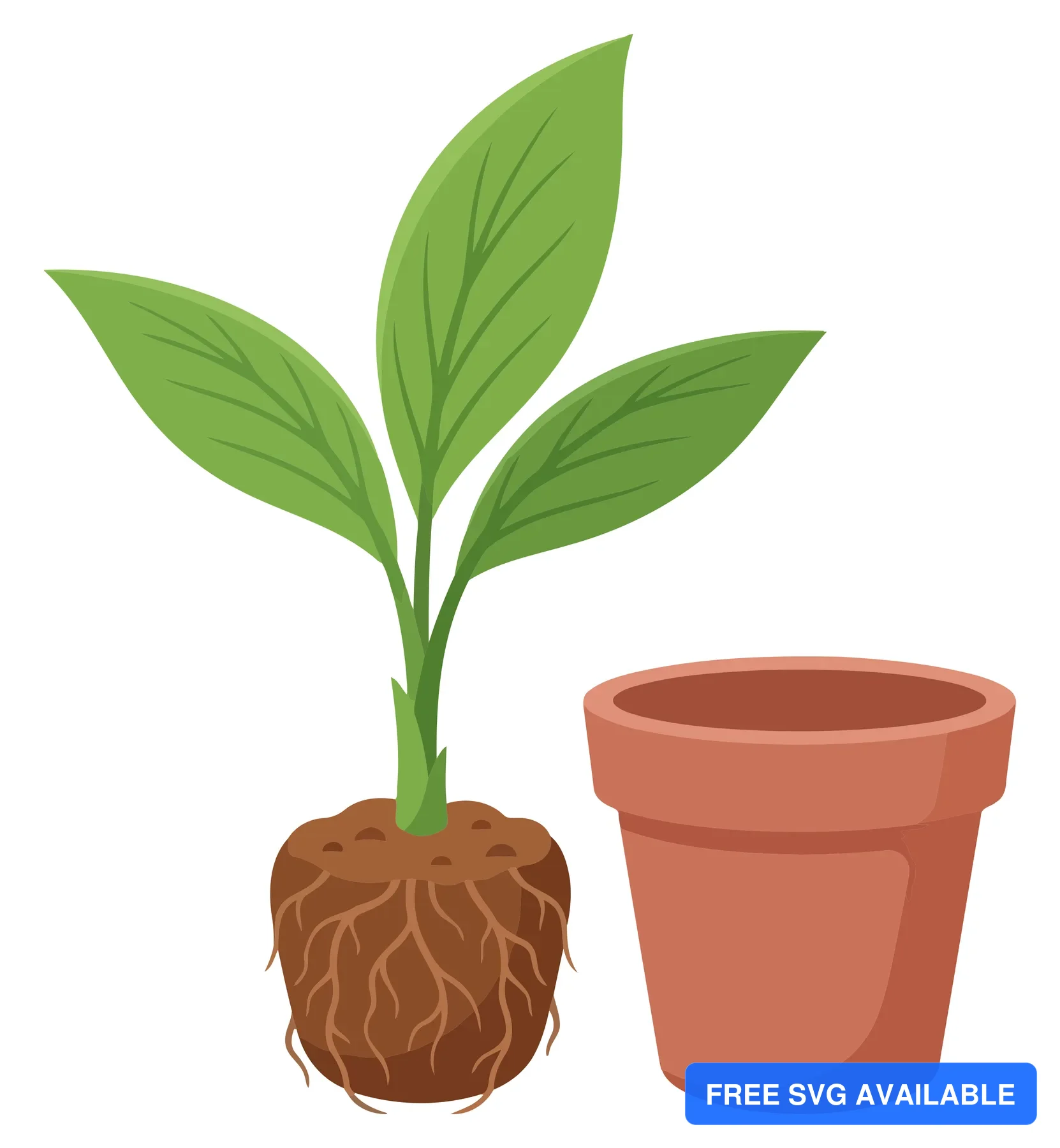 illustration of a young green plant with exposed roots and a terracotta flowerpot isolated on white background