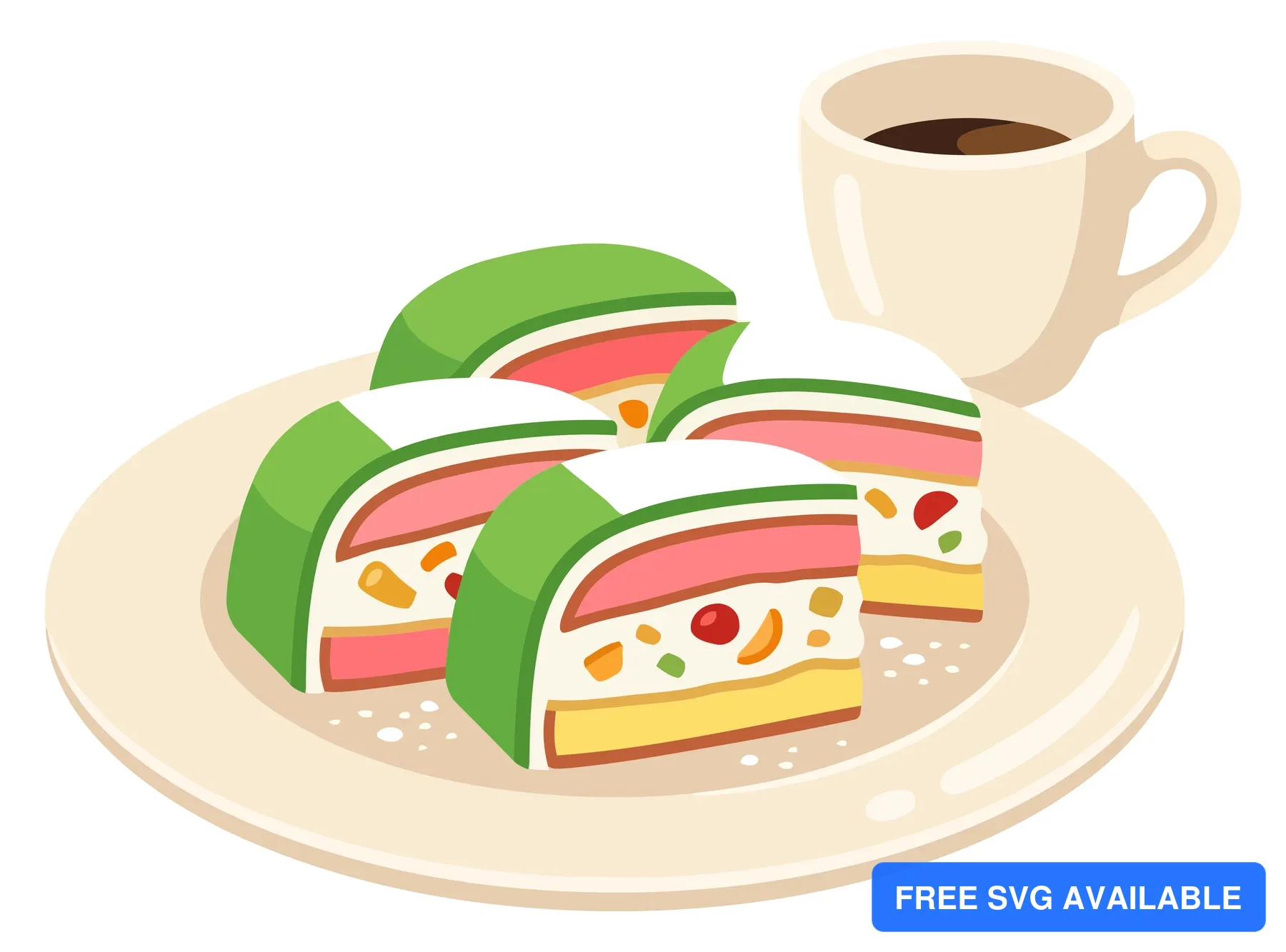 illustration of delicious italian cassata cake slices served on a plate with a cup of coffee