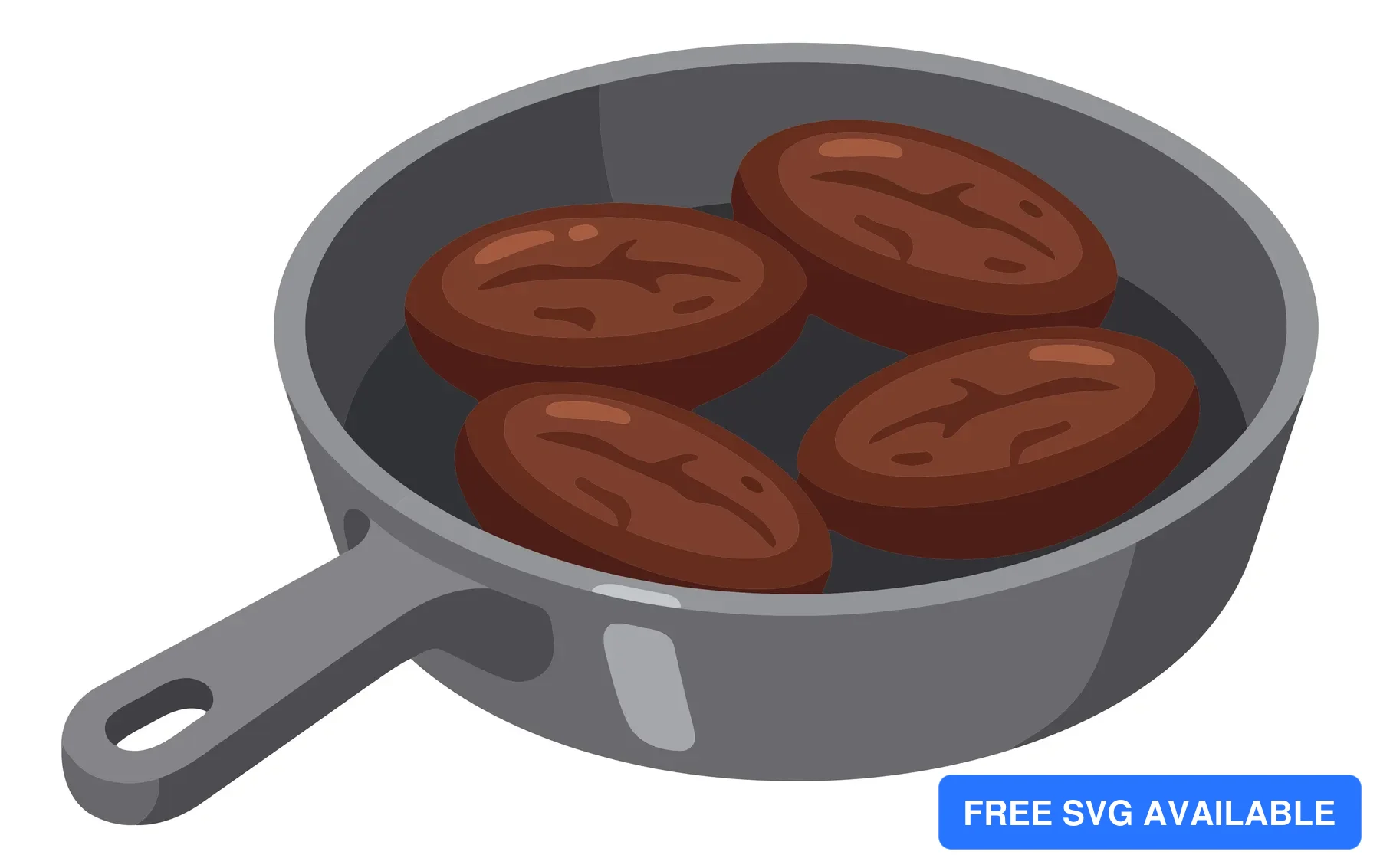illustration of four roasted coffee beans frying in a dark grey cast iron skillet pan, isolated on white background