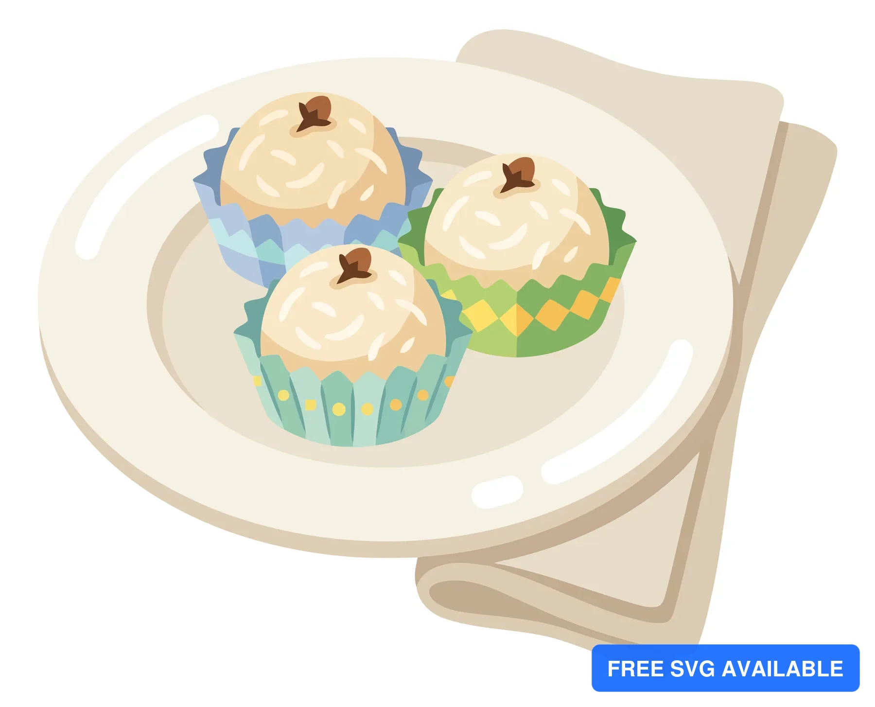 illustration of three beijinho de coco brazilian coconut brigadeiro sweets served on a white plate with a napkin
