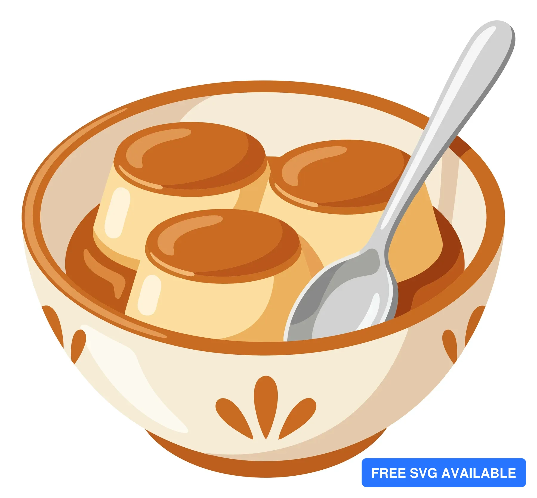 illustration of three creamy caramel custard puddings served in a decorative ceramic bowl with a silver spoon