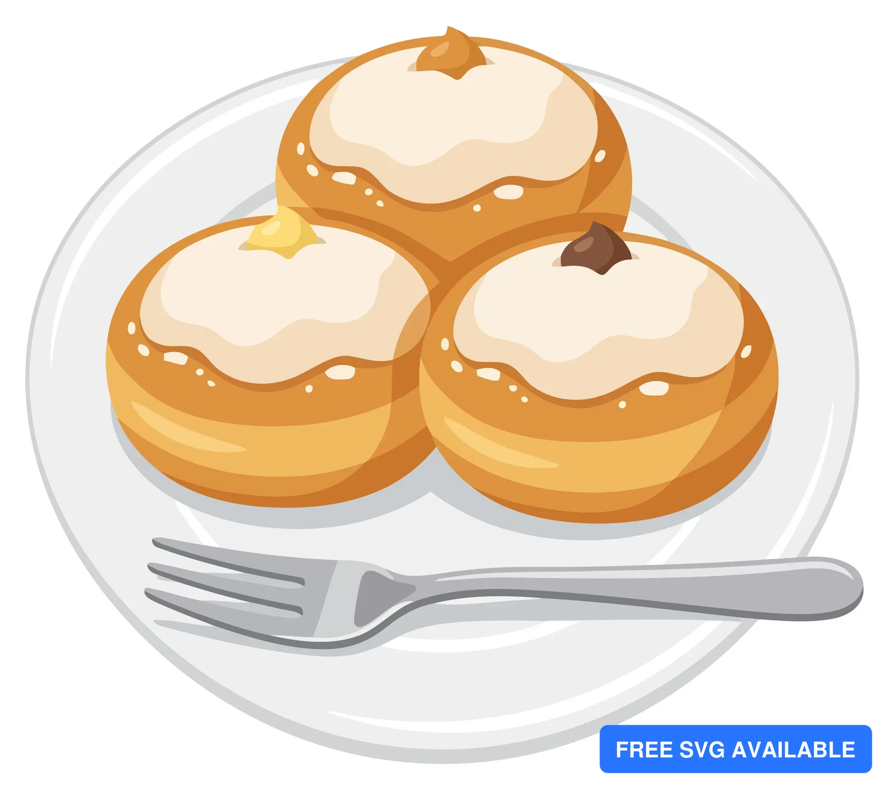 illustration of three delicious sufganiyot doughnuts with cream filling and different toppings on a white plate with a fork