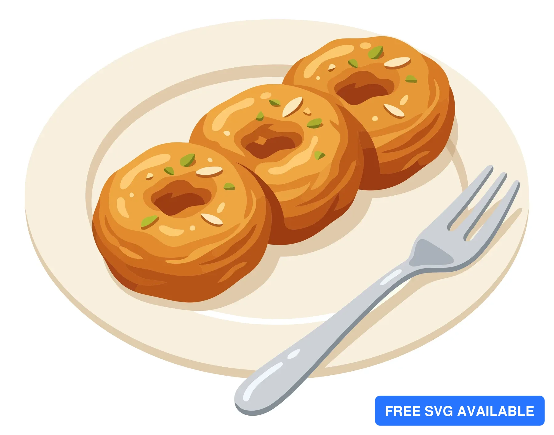 illustration of three golden brown balushahi or badusha indian sweet donuts garnished with chopped nuts on a white plate with a fork