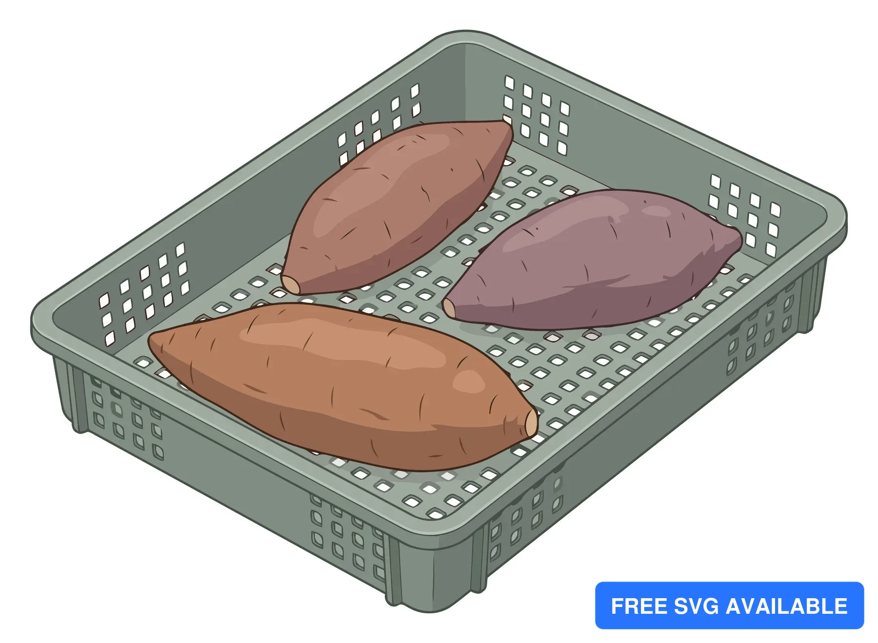 illustration of three raw sweet potatoes placed inside a grey plastic agricultural crate, isolated on white background