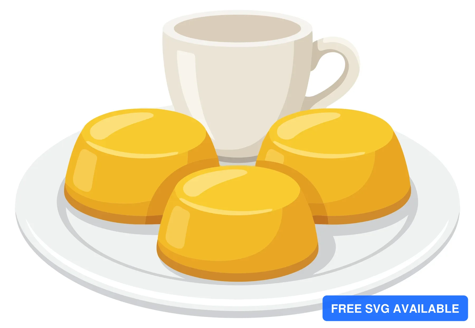 illustration of three yellow puddings or jellies served on a white plate next to a small white coffee cup