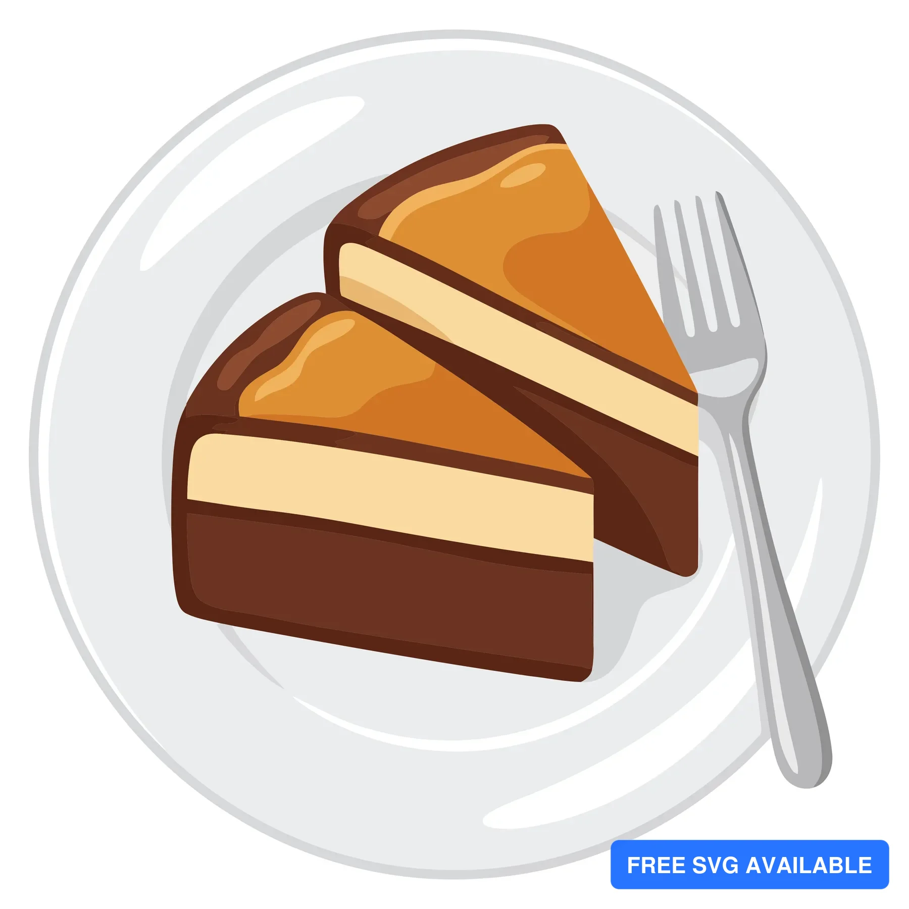 illustration of two slices of layered chocolate caramel cake on a white plate with a fork isolated on white background