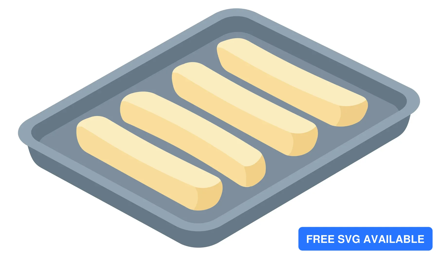isometric illustration of a baking tray with four raw dough sticks arranged in a row, ready for baking, isolated on white background