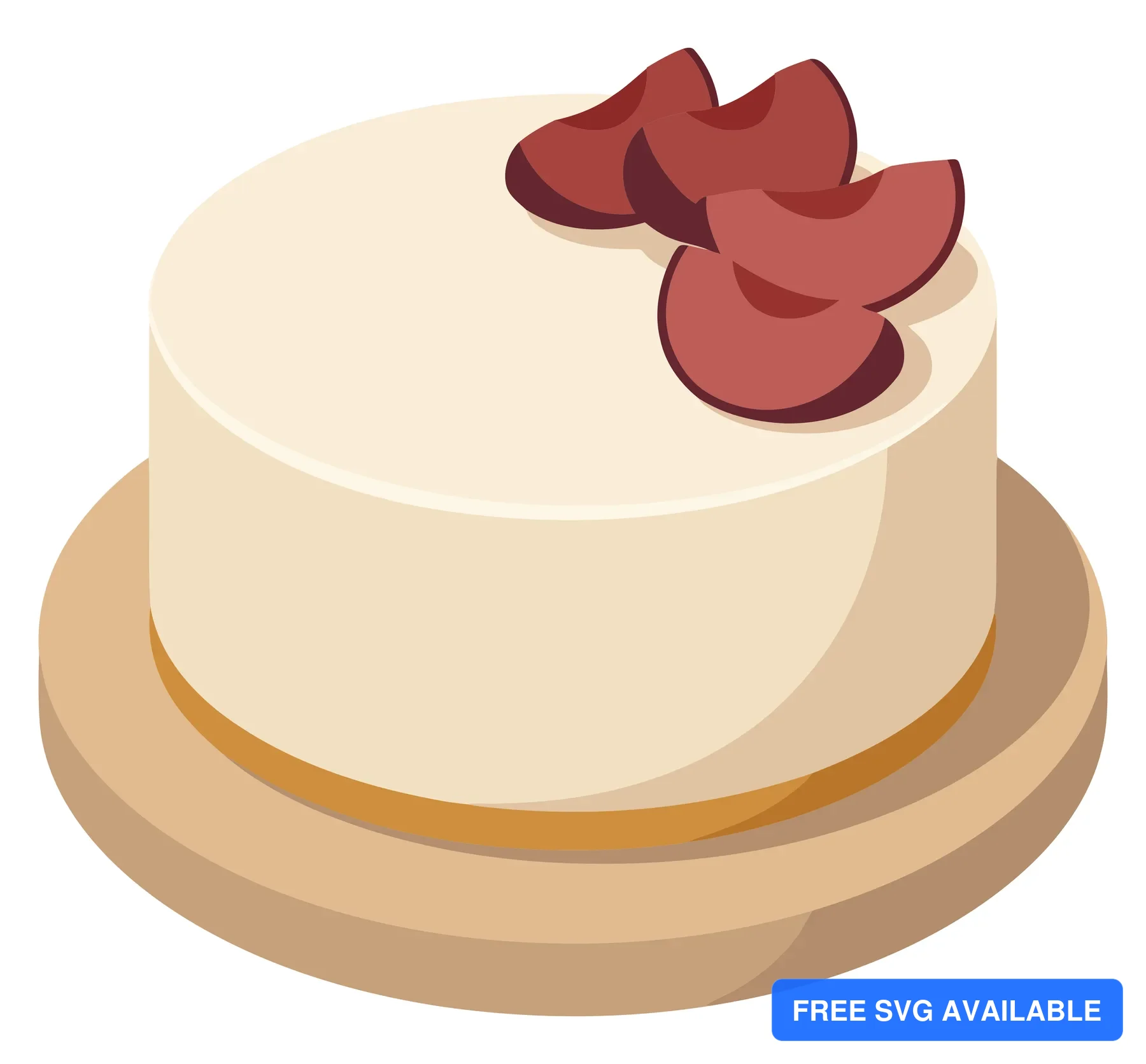 isometric illustration of a creamy cheesecake topped with fresh plum slices served on a wooden plate, simple flat design style