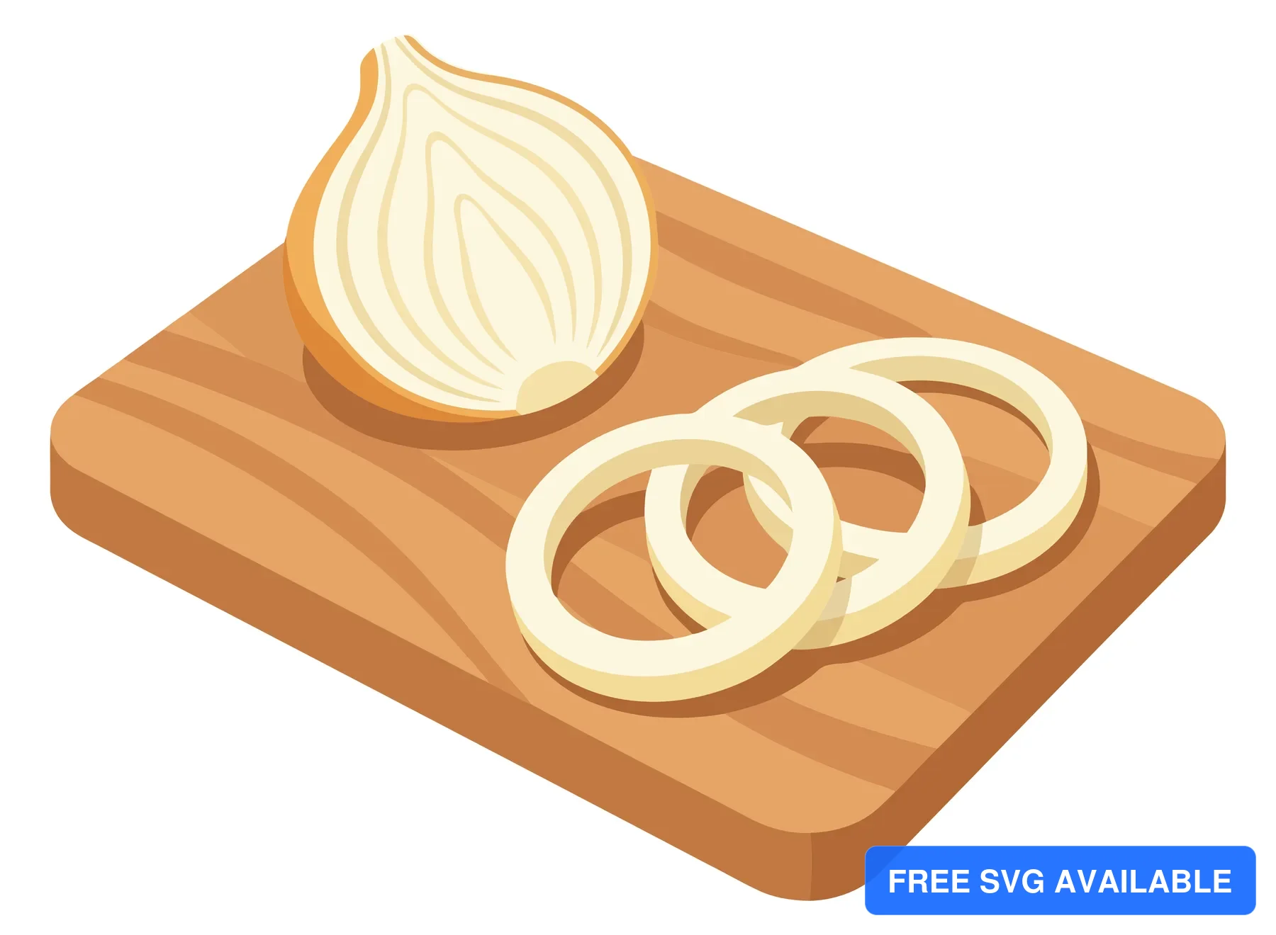 isometric illustration of a halved onion and sliced onion rings on a wooden cutting board
