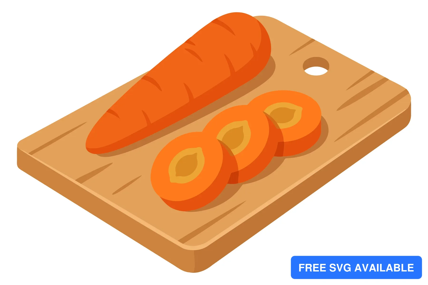 isometric illustration of a whole fresh carrot and three sliced carrot rounds on a wooden cutting board