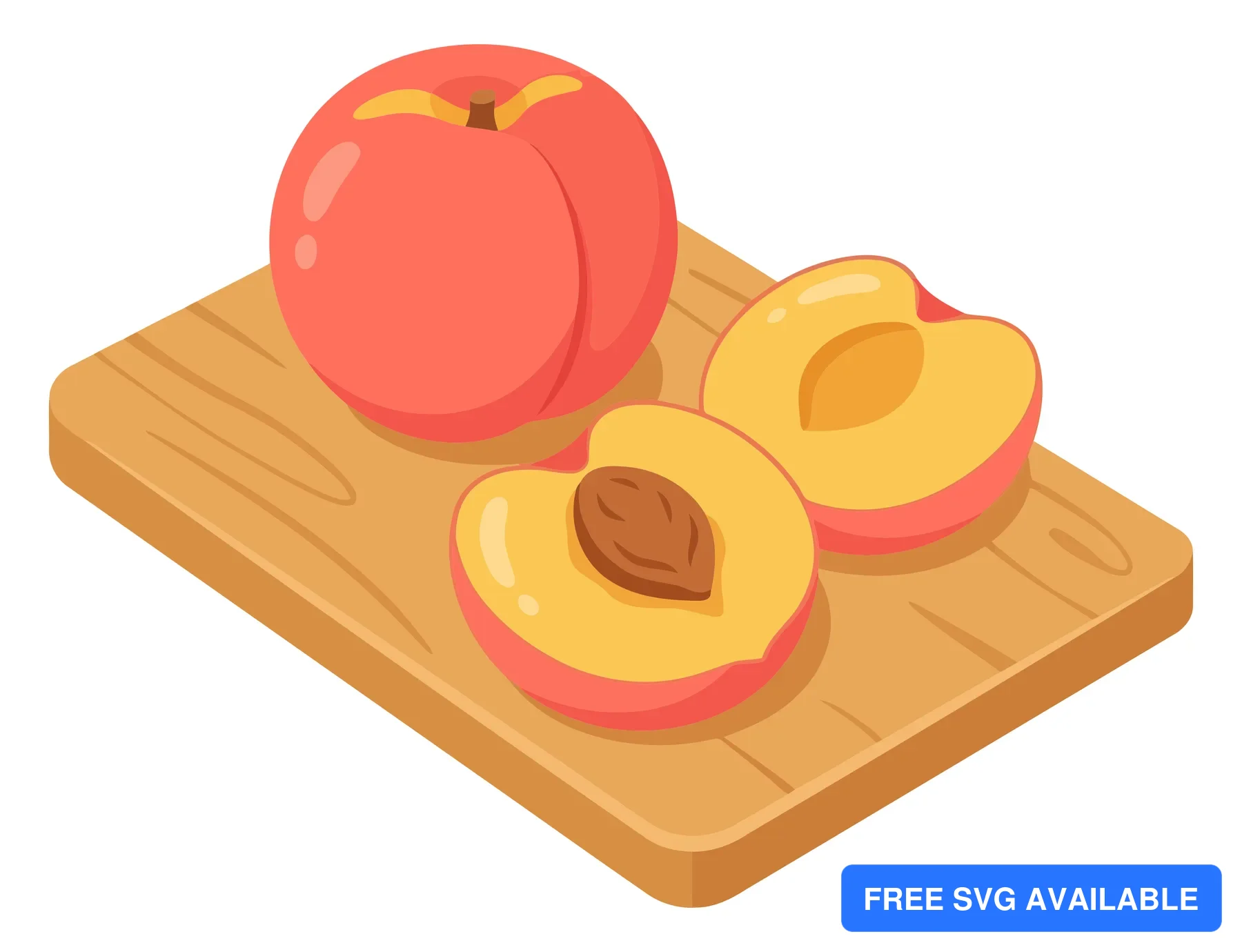 isometric illustration of a whole peach and two sliced halves with a pit on a wooden cutting board