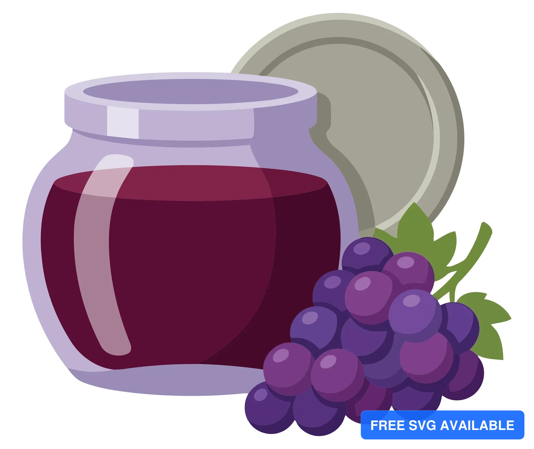jar of grape jam with lid and fresh purple grapes isolated on white background