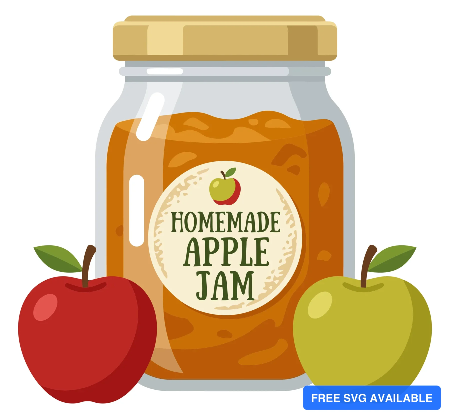 jar of homemade apple jam with a label, accompanied by a fresh red apple and a green apple, isolated on white background
