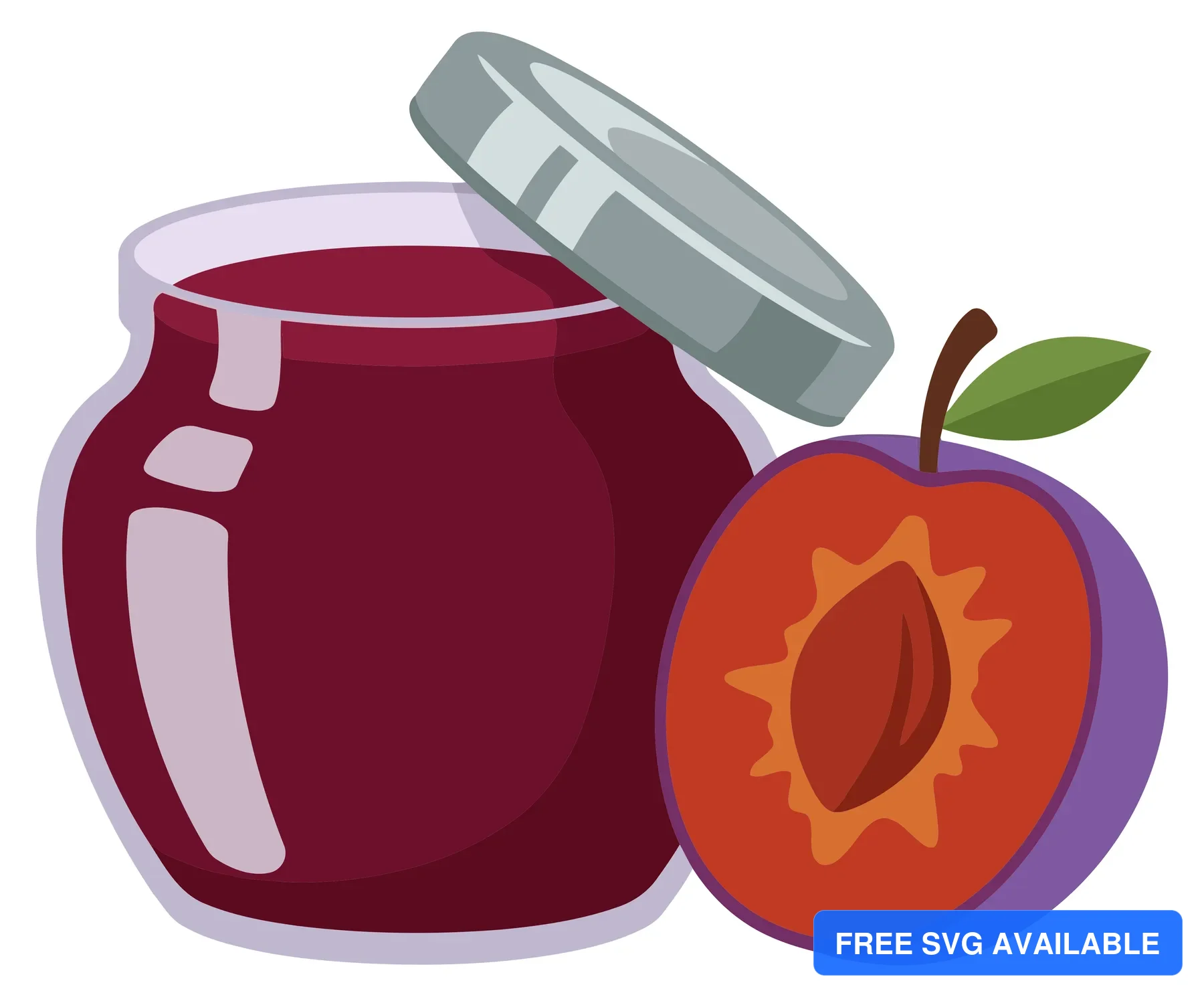 jar of plum jam with a sliced plum isolated on white background