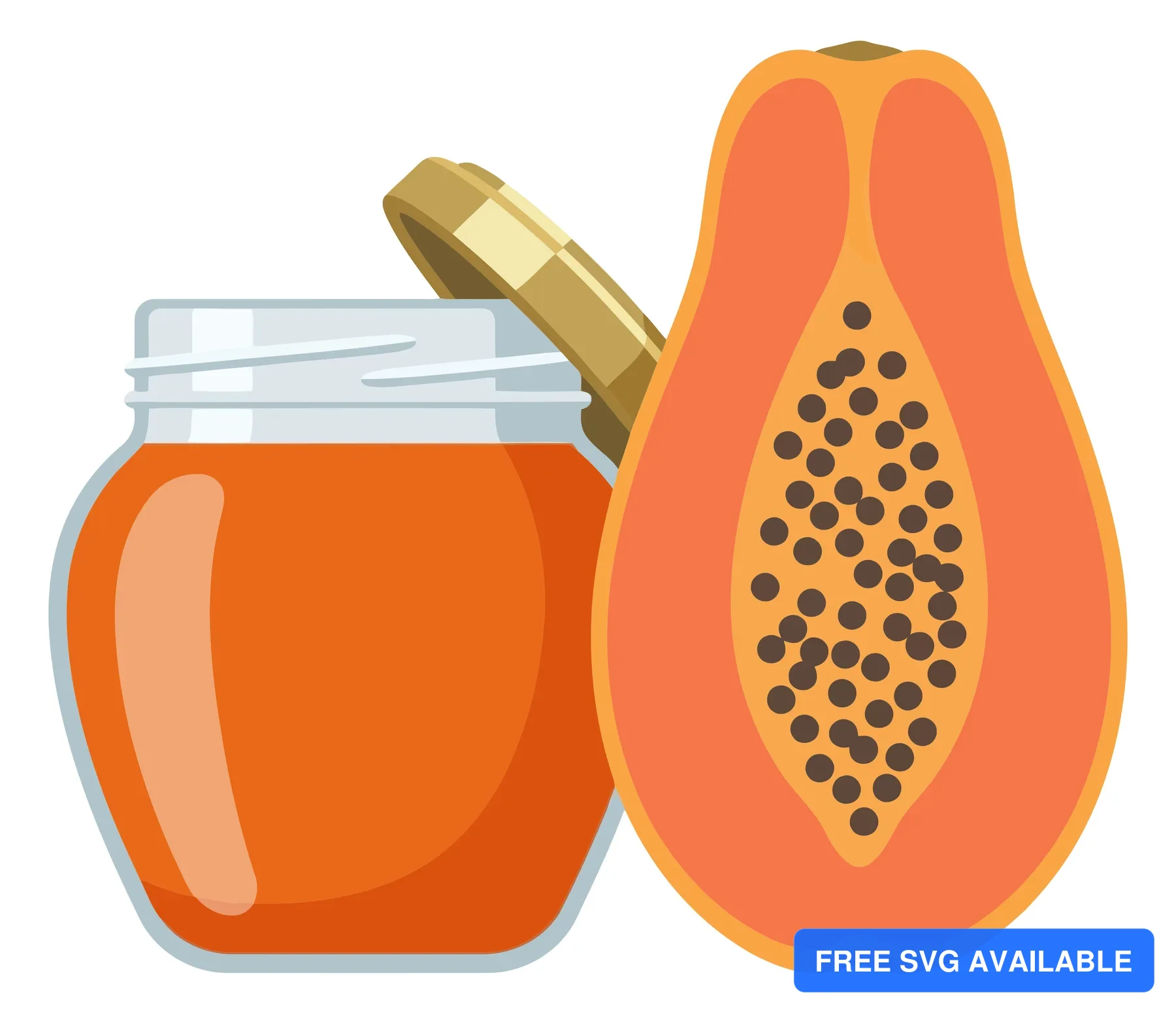jar with jam and fresh sweet papaya fruit halved with seeds vector illustration