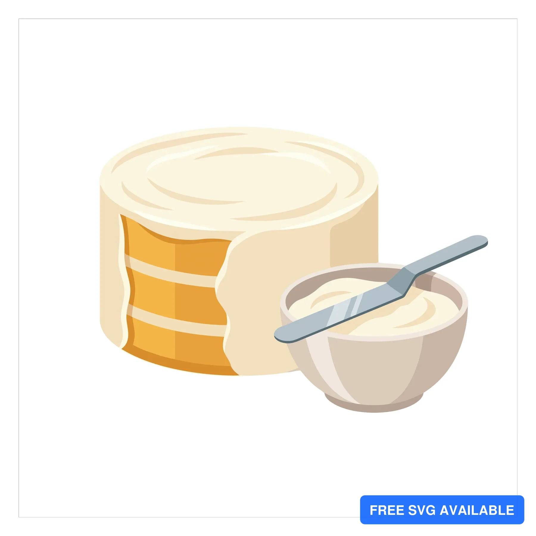 layer cake being frosted with white cream using a metal spatula, bowl of frosting next to the cake, isolated on white background