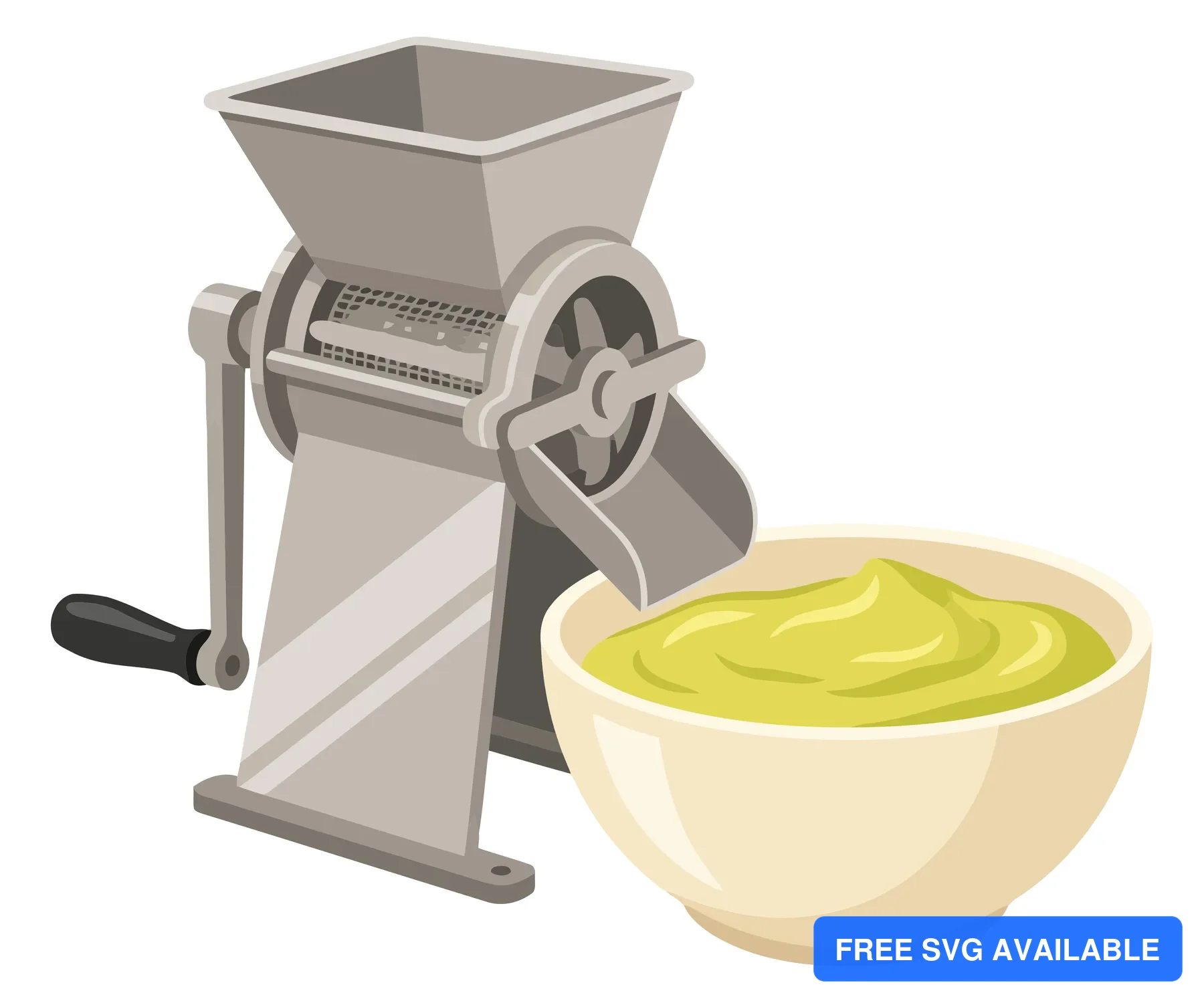manual food mill with green puree in a bowl