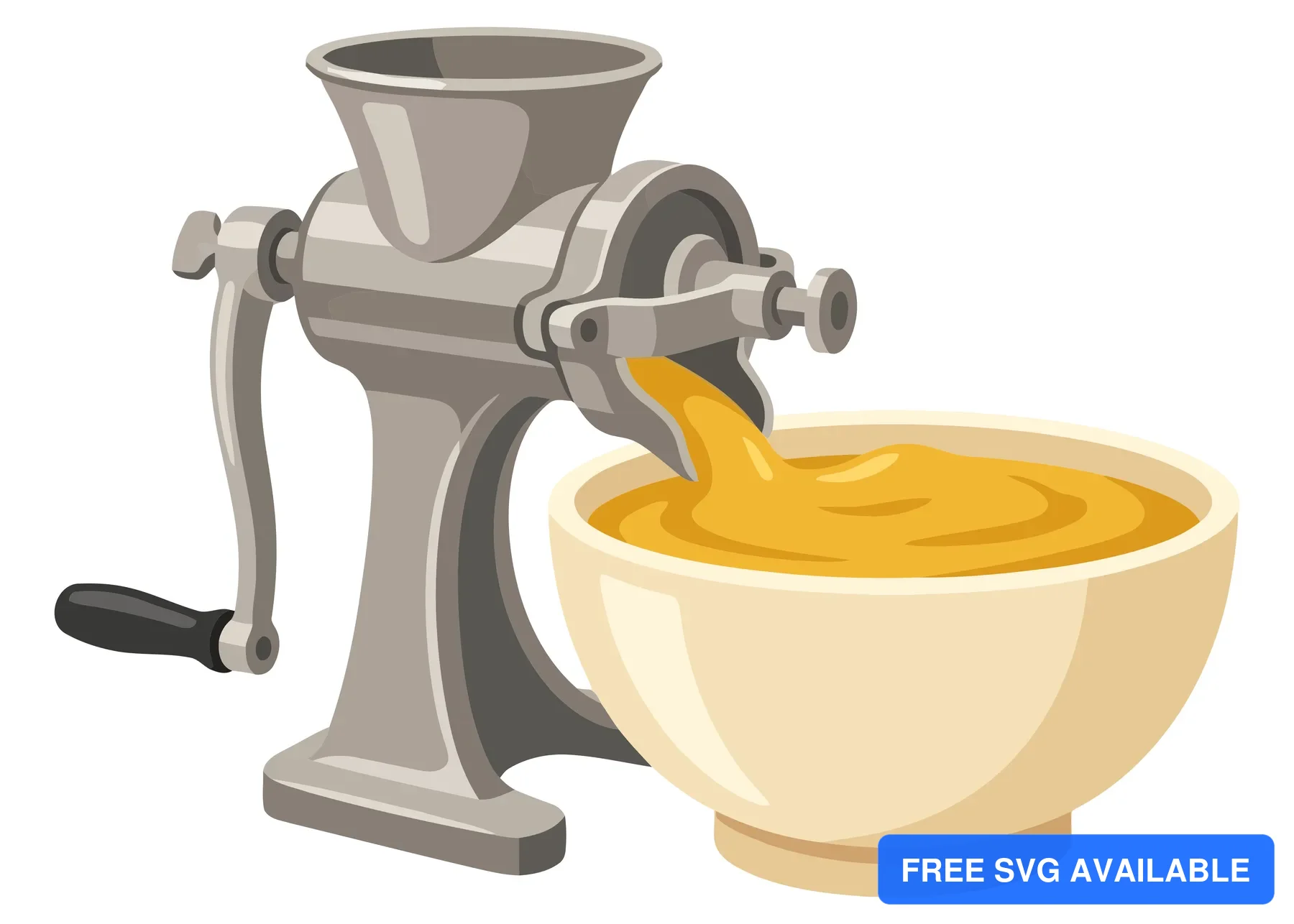 manual handcrank food mill or grinder with yellow puree, isolated on white background