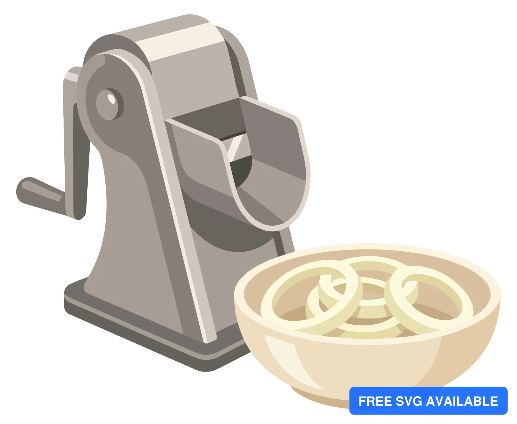 manual kitchen grater with crank and bowl of sliced onion rings isolated on white background
