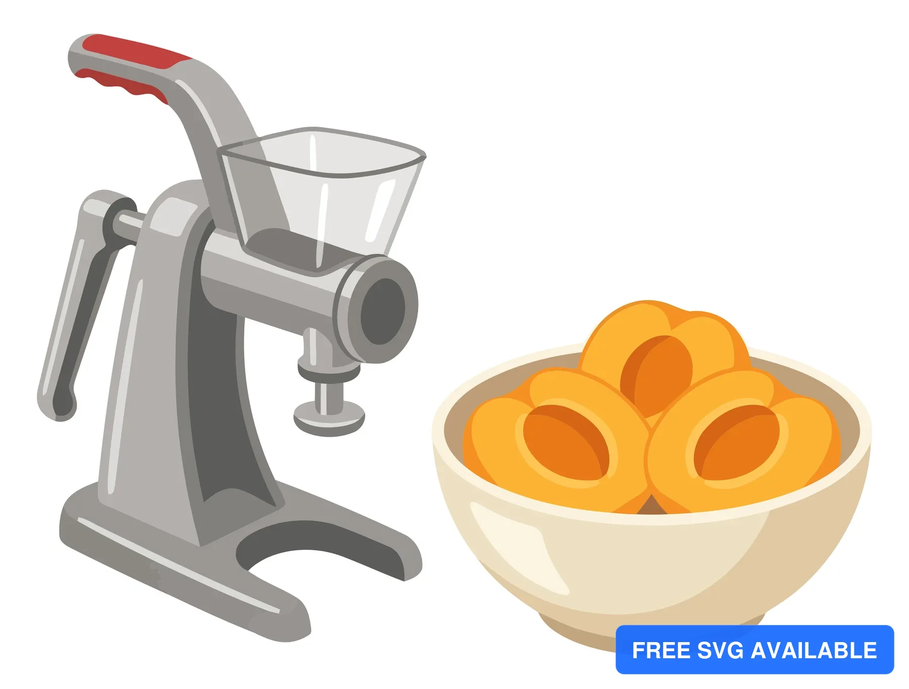 manual meat grinder or food mill with a bowl of sliced apricots isolated on white background