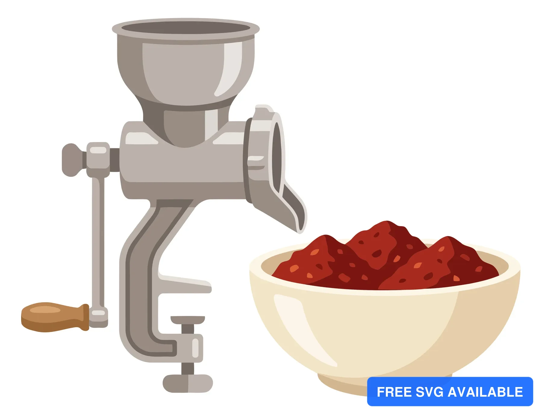 manual meat grinder with a wooden handle and a bowl filled with ground meat isolated on white background