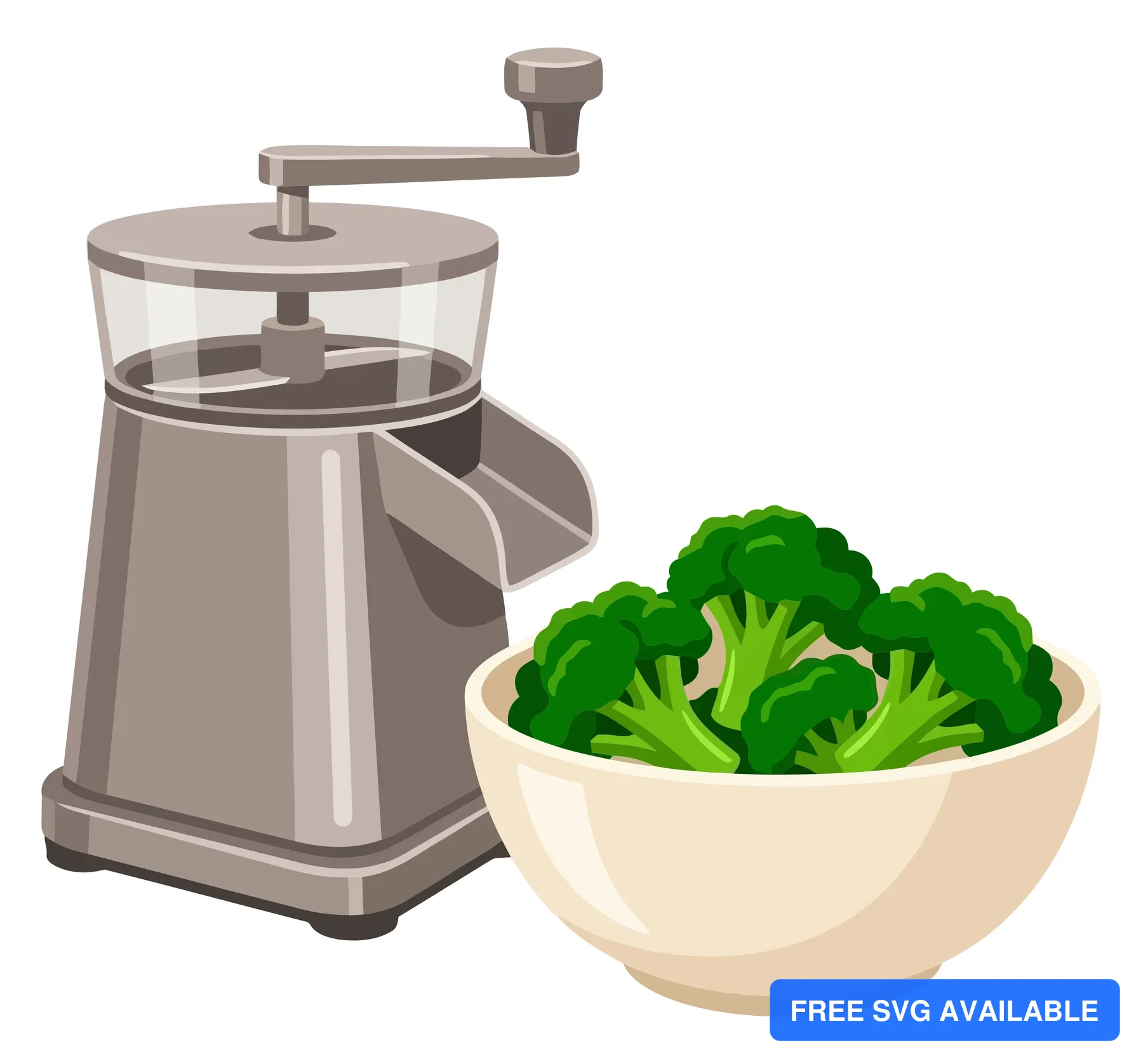 manual vegetable grater or food processor with a bowl of fresh broccoli florets for healthy cooking and meal preparation