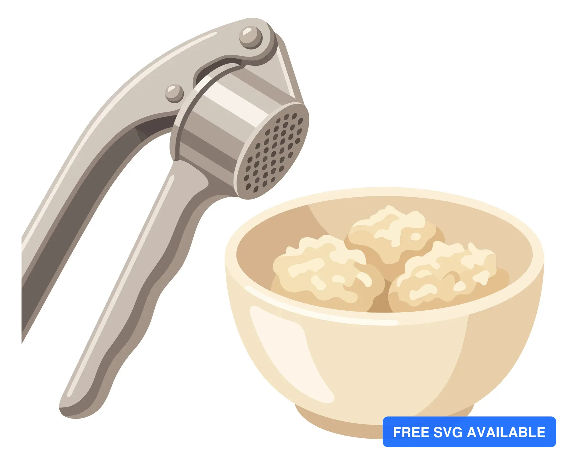 metal garlic press crusher tool with a bowl of fresh minced garlic paste puree, culinary kitchen utensil and seasoning ingredient cartoon ve