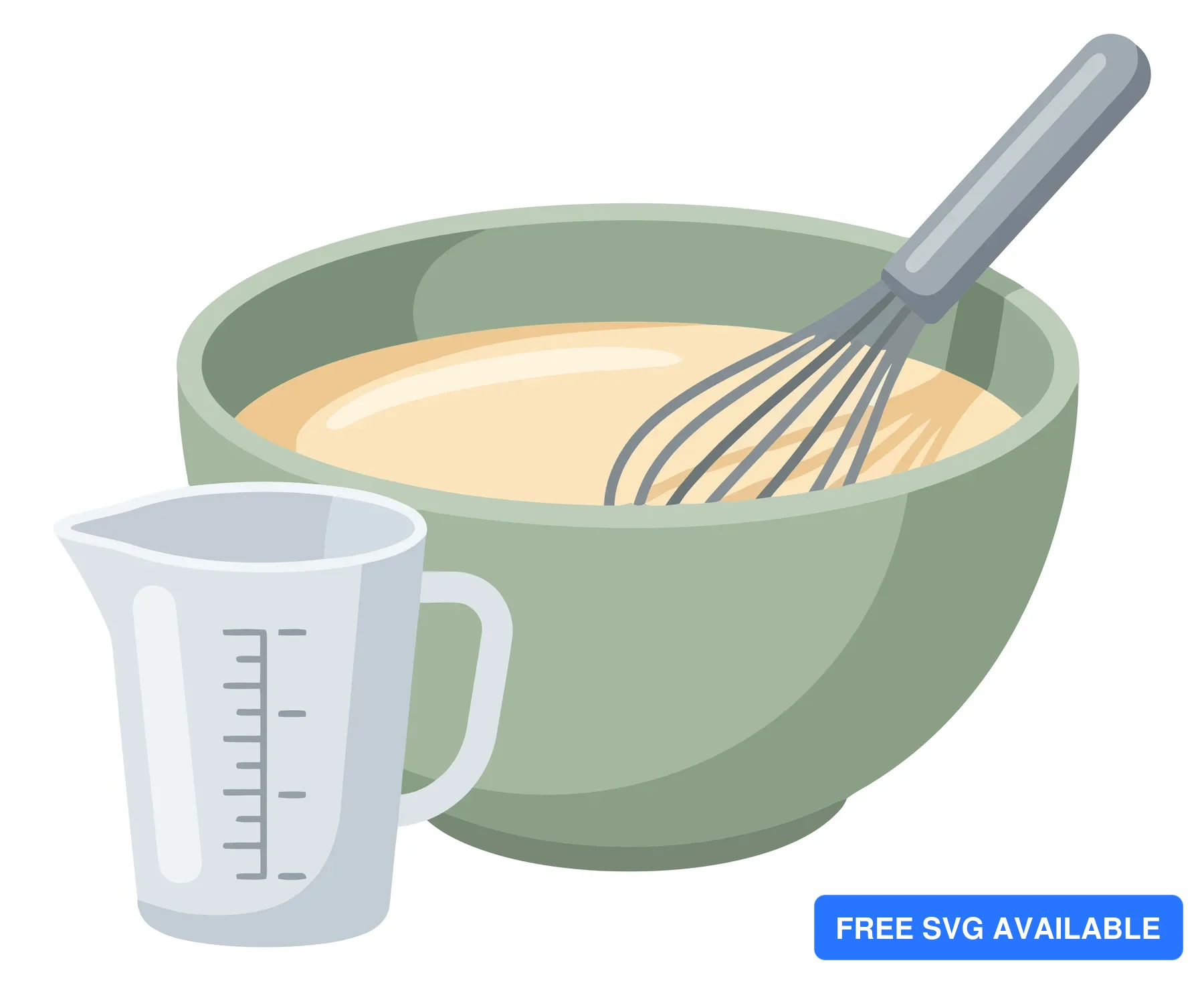 mixing bowl with batter and whisk and measuring cup on white background