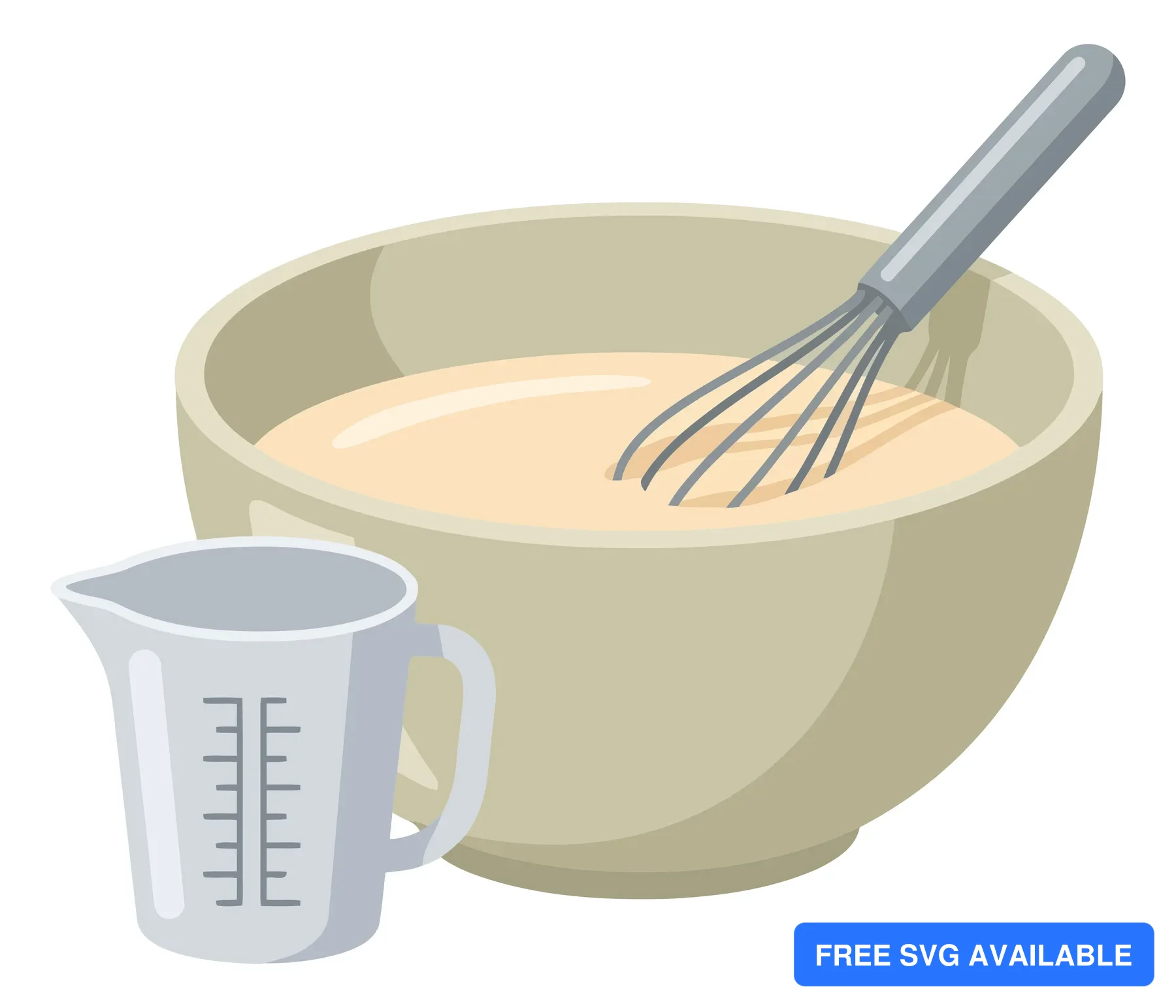 mixing bowl with batter and wire whisk next to a measuring cup for baking and cooking preparation