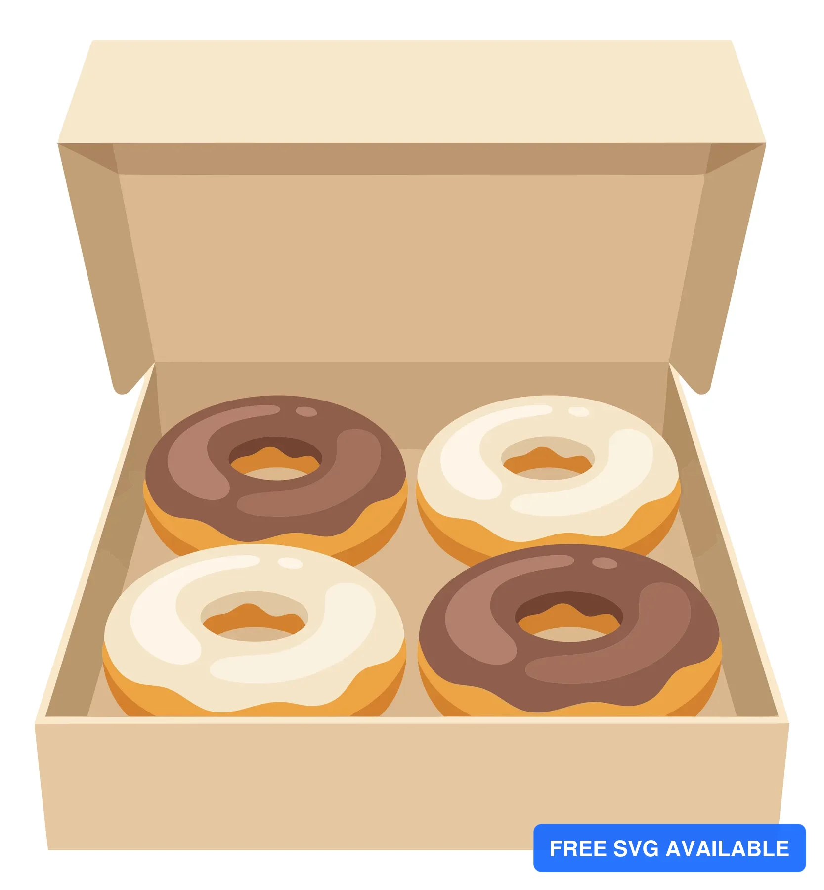 open cardboard box containing four delicious glazed donuts with chocolate and vanilla icing, arranged in a square pattern, vector illustrati