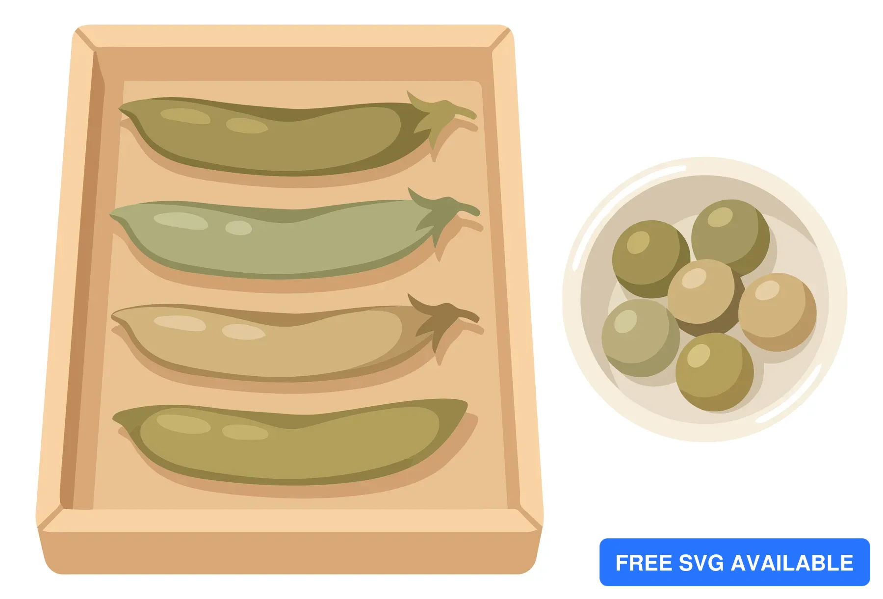 pea pods in a wooden tray and peas in a small bowl isolated on white background